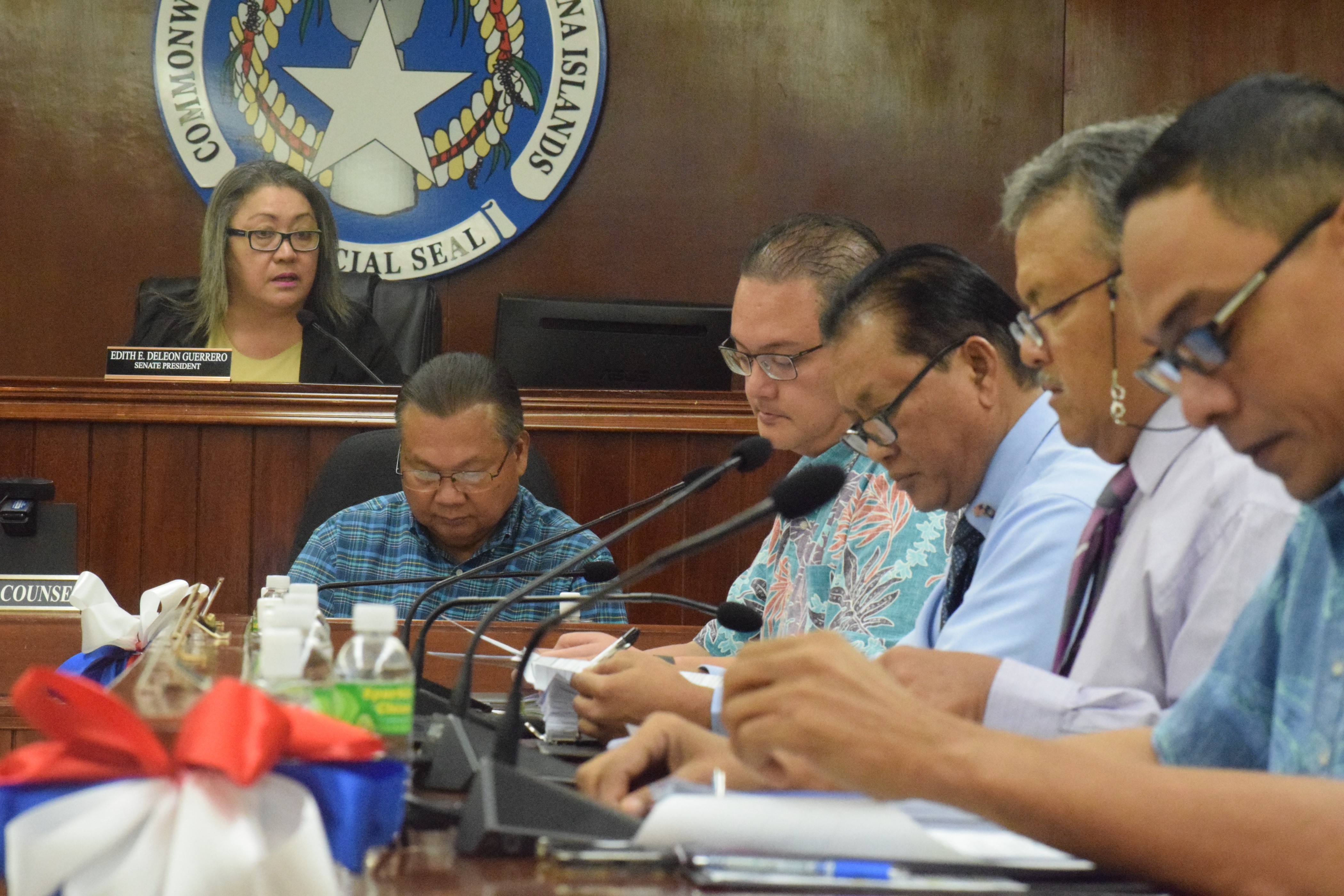 Senate President Edith Deleon Guerrero speaks during a Senate session on Tuesday. Also in photo are Senate legal counsel Jose Bermudes, Senate Vice President Donald Manglona, Sens. Frank Q. Cruz, Paul A. Manglona and Dennis Mendiola.