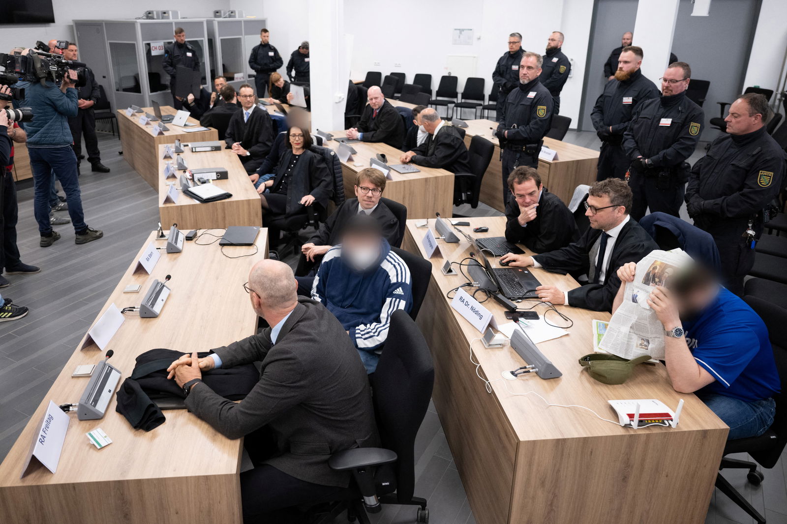 Defendants sit next to their lawyers in the courtroom of the Higher Regional Court before the verdict over a jewel heist on the Green Vault museum in Dresden's Royal Palace, in Dresden, Germany on May 16, 2023. Sebastian Kahnert/Pool via REUTERS