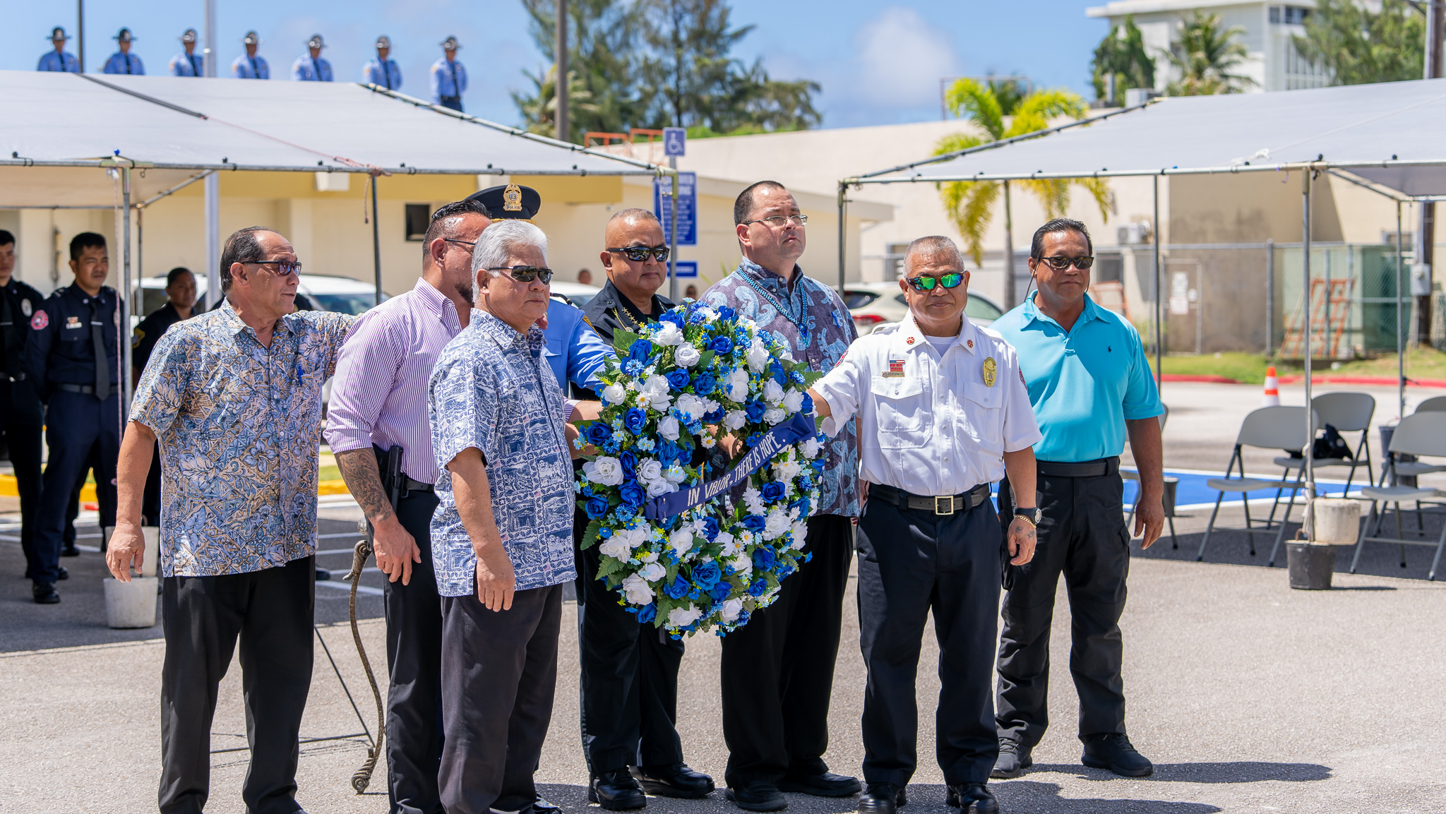 Peace Officers' Memorial Day On Wednesday morning, Gov. Arnold I. Palacios, Department of Public Safety Commissioner Clement R. Bermudes, Department of Fire and Emergency Medical Services Acting Commissioner Juan A. Pua, Department of Corrections  Commissioner Anthony C. Torres, CNMI Homeland Security and Emergency Management Special Assistant Franklin R. Babauta and Commonwealth Ports Authority Ports Police Chief Juan T. Dela Cruz gathered at the Department of Public Safety's Peace Officers' Memorial Monument in Susupe to pay tribute to law enforcement officers who have lost their lives or have been disabled in the line of duty for their invaluable contributions to the safety, security, and service of our community. Governor Palacios and Lt. Gov. David M. Apatang recently proclaimed May 15, 2023 as Peace Officers' Memorial Day. They encourage community participation in appropriate ceremonies and observances, paying homage to law enforcement officers, past and present. “These individuals have exemplified faithful and loyal devotion to their responsibilities, providing dedicated service to their communities while upholding the rights and security of all citizens.” The proclamation also emphasizes the importance of recognizing and honoring the survivors of our fallen heroes.