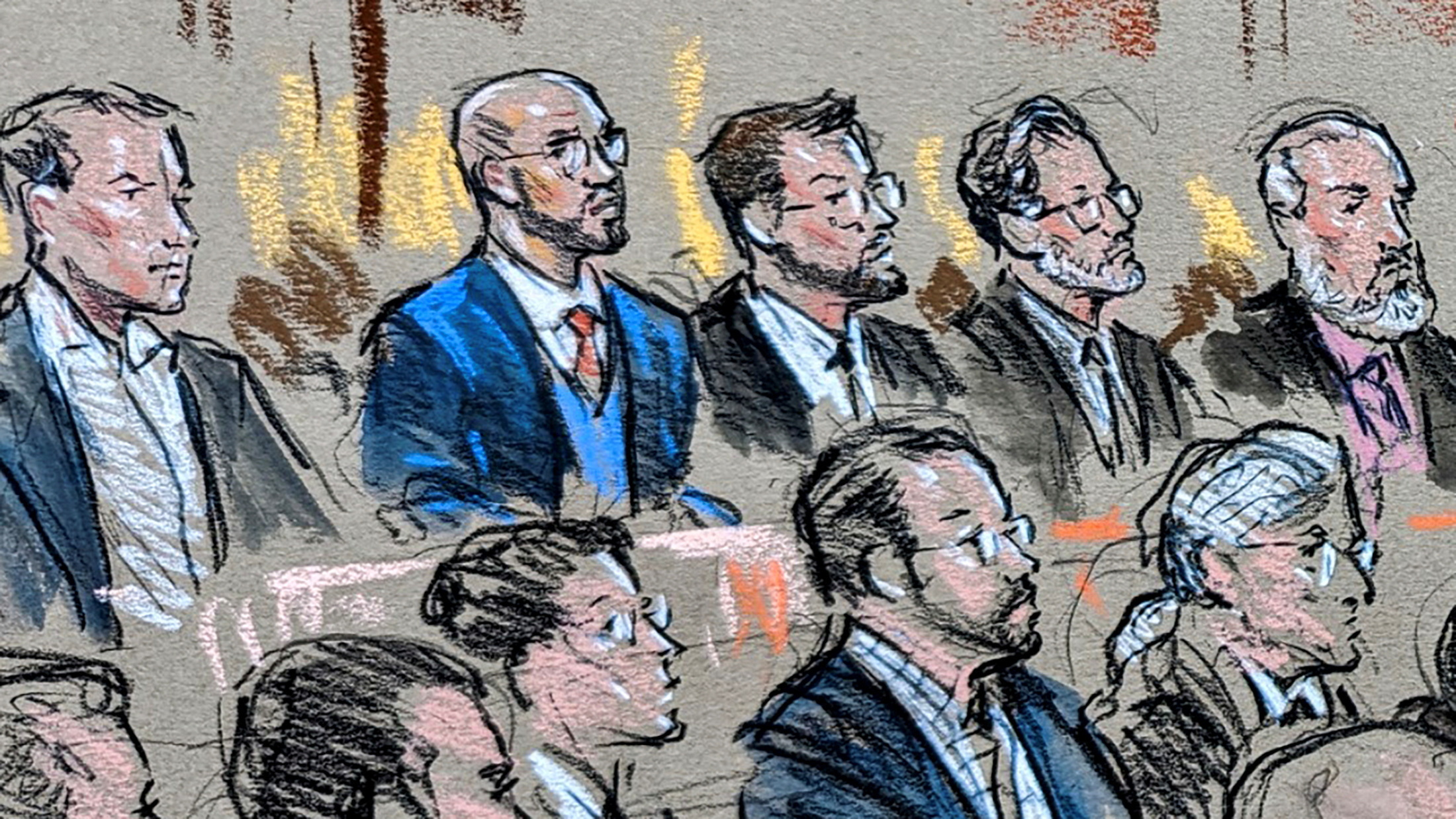 FILE PHOTO: Members of the far-right Proud Boys militia group, including its former leader Enrique Tarrio, Zachary Rehl, Ethan Nordean and Joseph Biggs, sit in the courtroom as they are found guilty of seditious conspiracy and other federal crimes in connection with the Jan. 6, 2021 attack on the U.S. Capitol, in this courtroom sketch made in U.S. District Court in Washington, U.S., May 4, 2023. REUTERS/Bill Hennessy