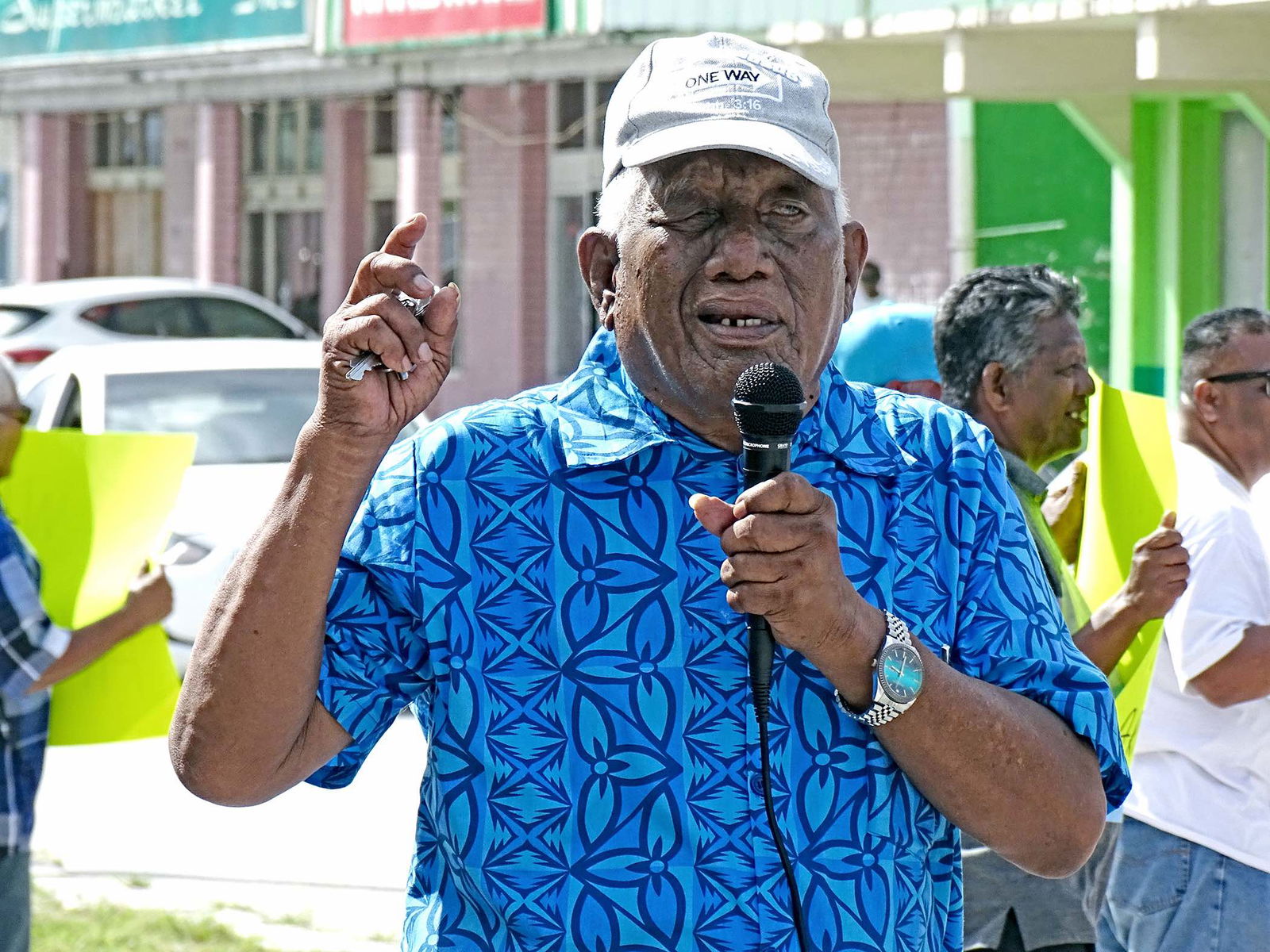 Bikini elder Simon Jamore, a direct descendant of islanders relocated by the U.S. Navy in 1946 to begin nuclear weapons testing, spoke at a protest over the use of money by the islanders elected leaders Monday last week in Majuro.