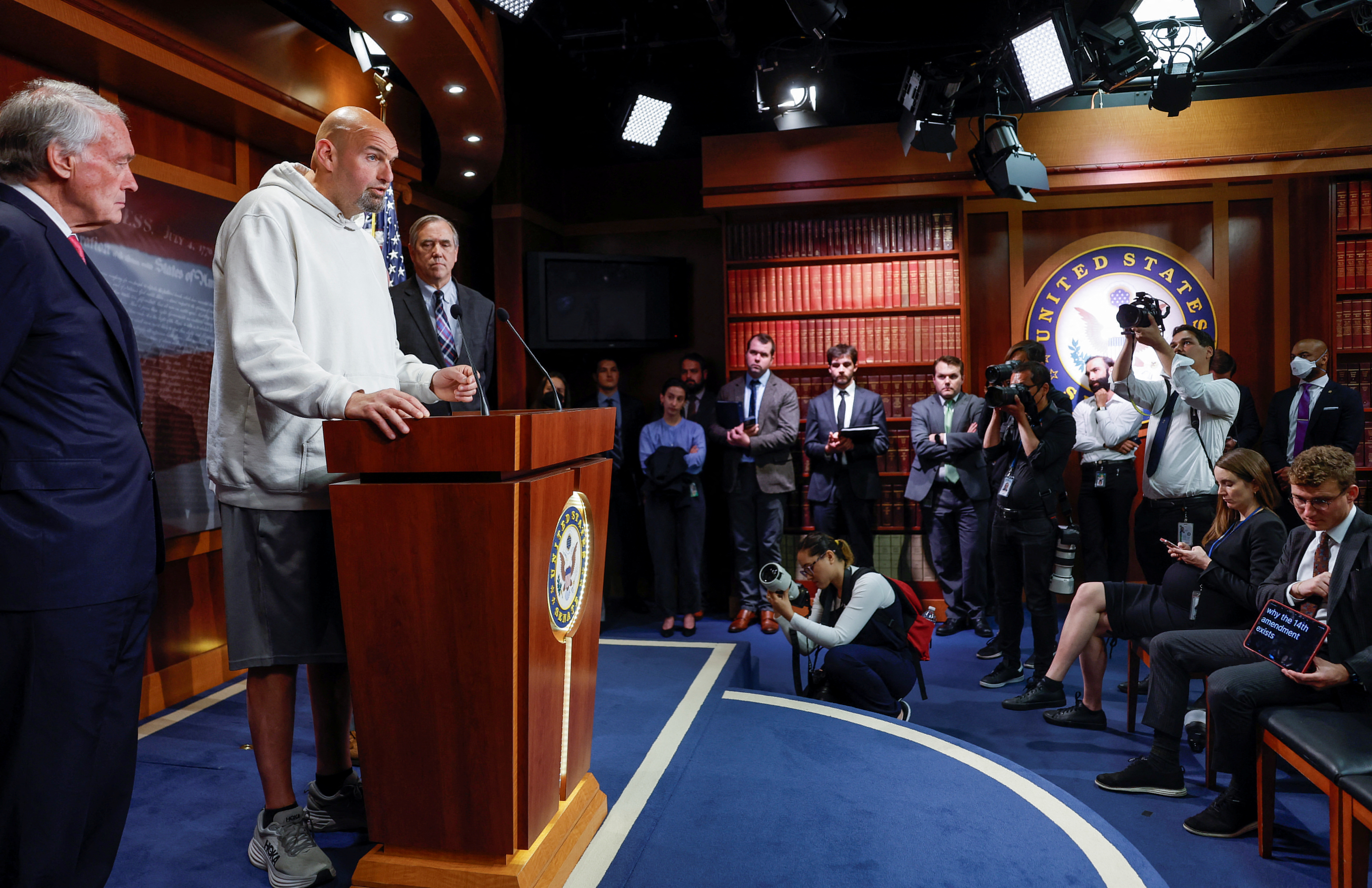 U.S. Senator John Fetterman (D-PA) speaks during a press conference on Capitol Hill about 11 Senate Democrats who sent a letter to President Joe Biden urging him to invoke the 14th Amendment to avoid a catastrophic debt default, in Washington, U.S., May 18, 2023. REUTERS/Evelyn Hockstein