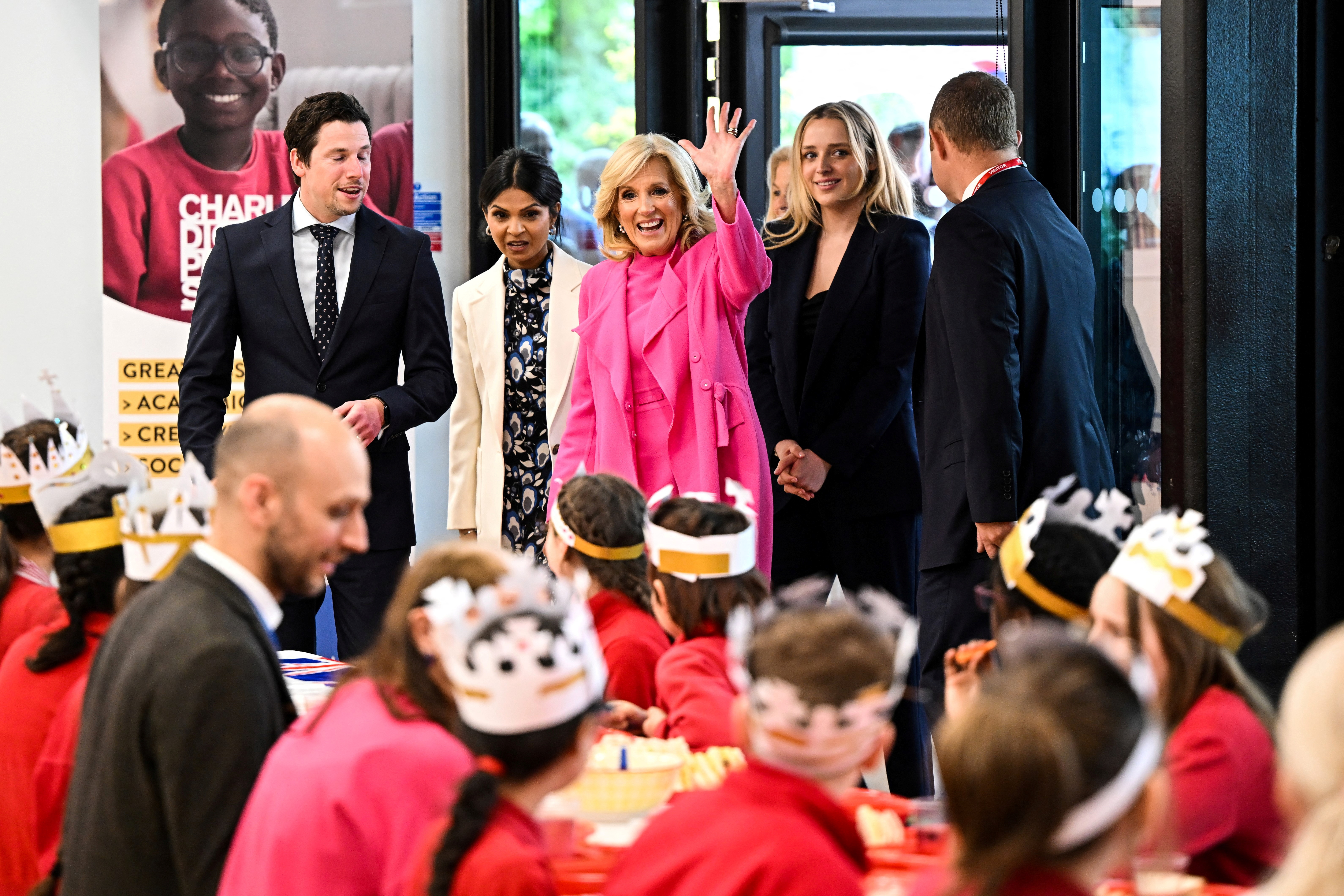 US First Lady Jill Biden arrives with Akshata Murty, wife of Britain's Prime Minster, her grand daughter Finnegan Biden visit at the Charles Dickens Primary School to meet head teacher Michael Eggleton, members of staff and pupils during a visit, in London, Britain on May 5, 2023. Oli Scarff/Pool via REUTERS