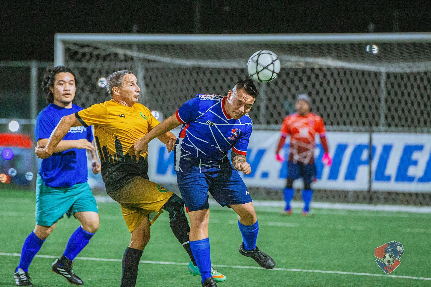 A Shirley's Football Club 1 player connects the header during a Marianas Soccer League 2 game at the NMI Soccer Training Center in Koblerville.