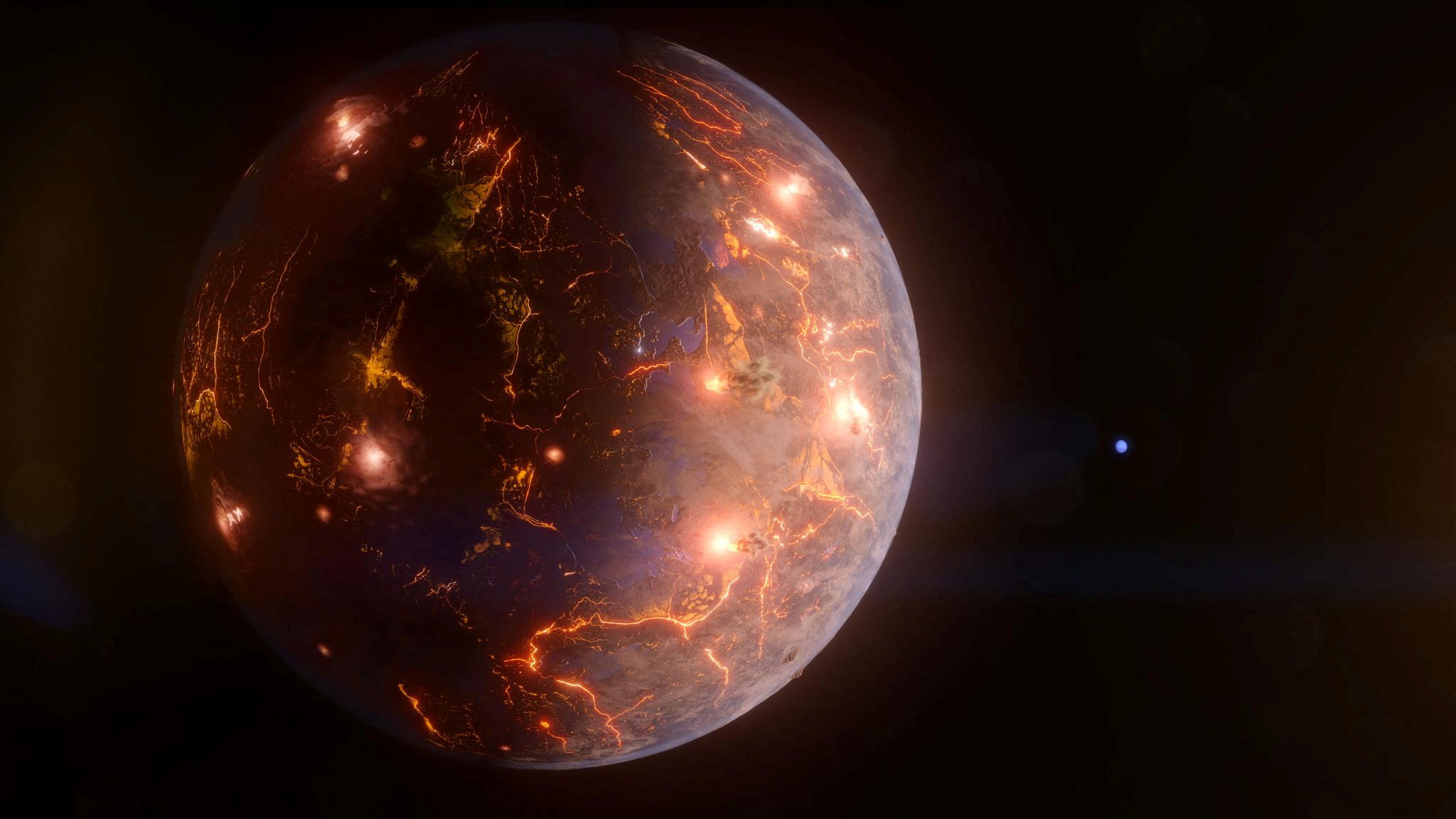 An exoplanet called LP 791-18 d, an Earth-size world about 90 light-years away, is seen in an undated artist's rendering. A more massive planet in the system, shown as a small blue dot on the right, exerts a gravitational tug that may result in internal heating and volcanic eruptions, like on Jupiter?s moon Io. NASA Goddard Space Flight Center/Chris Smith (KRBwyle)/Handout via REUTERS