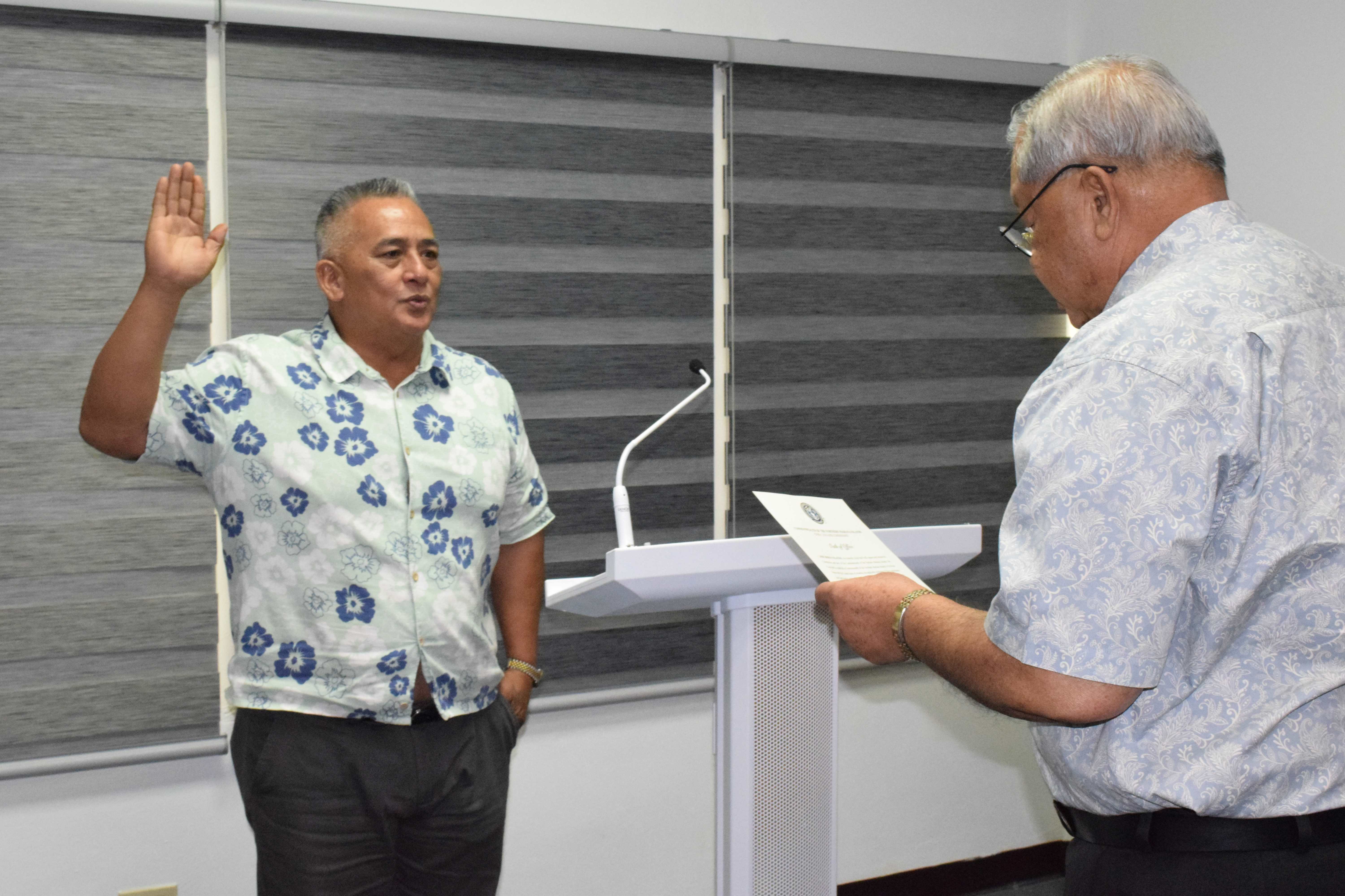 Acting Gov. David M. Apatang swears in CNMI Cannabis Commissioner Jose B. Palacios in the governor's conference room on Friday.