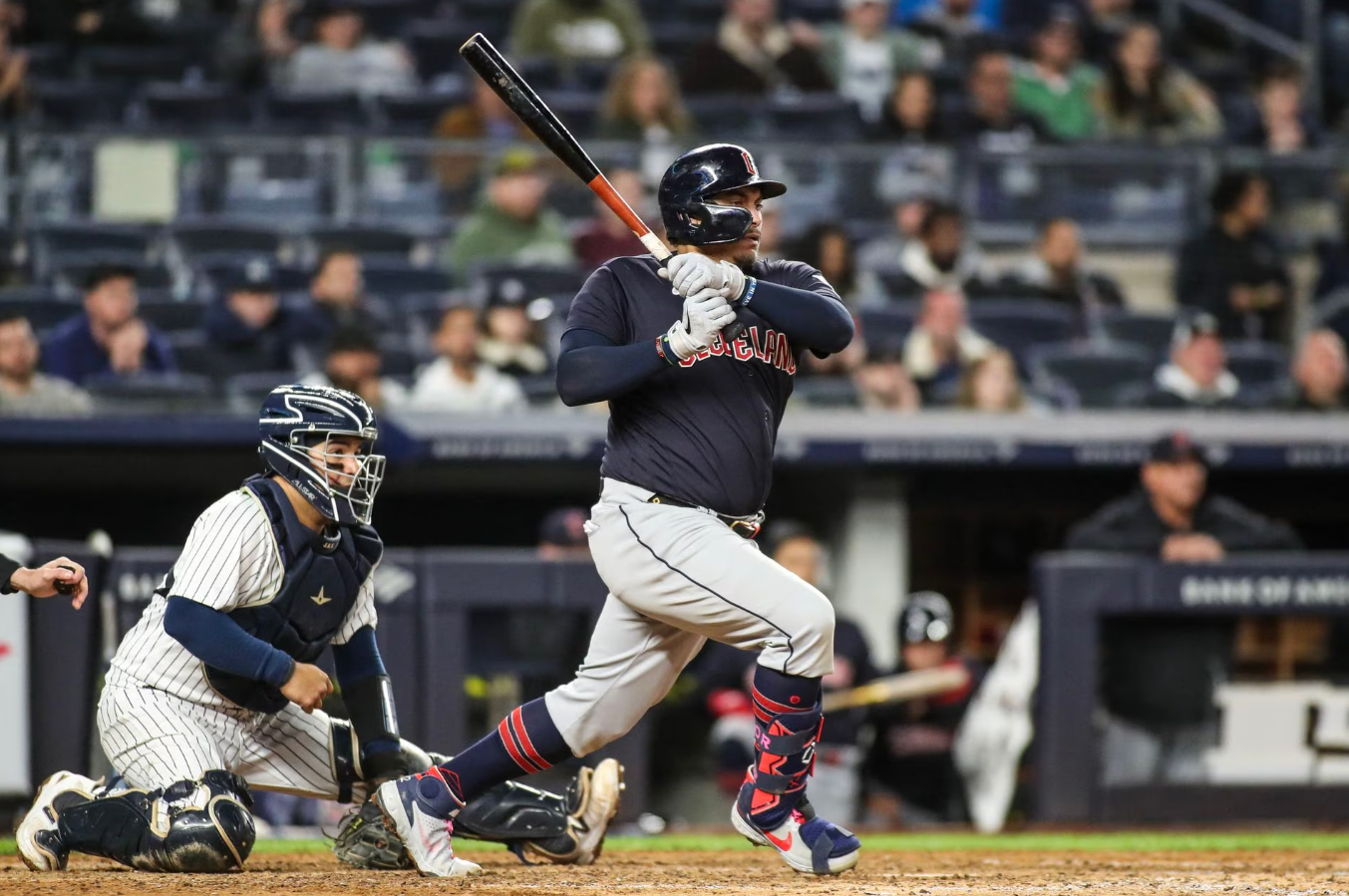 Cleveland Guardians first baseman Josh Naylor (22) hits a two run single in the ninth inning against the New York Yankees at Yankee Stadium, the Bronx, New York,  May 1, 2023.