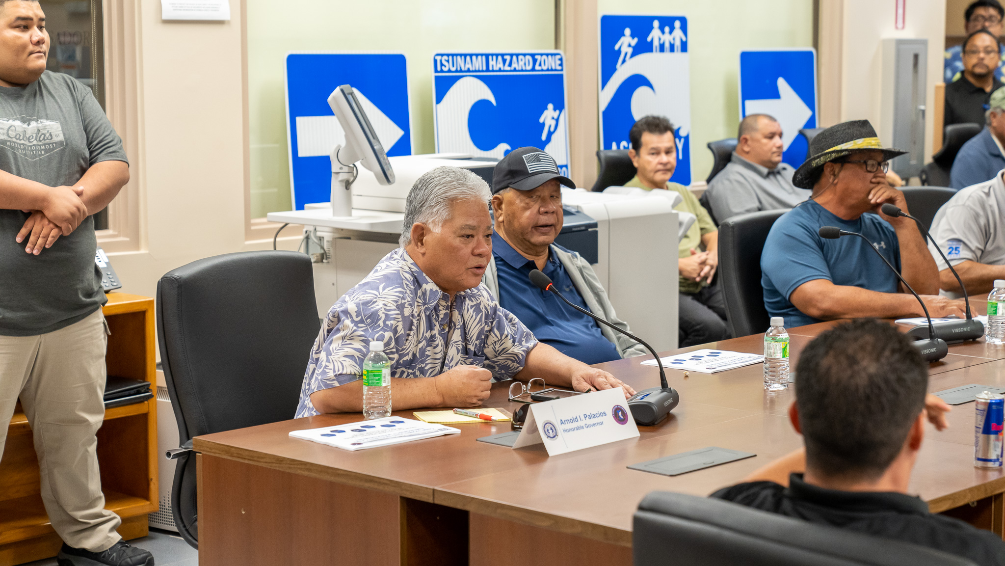 On Sunday morning, Gov. Arnold I. Palacios and Lt. Gov. David M. Apatang, with CNMI Homeland Security and Emergency Management Special Assistant Franklin R. Babauta and members of the CNMI Multi-Agency Coordination Team, composed of government agencies and other organizations including the American Red Cross, met for a heavy-weather briefing provided by the National Weather Service on Guam. The discussion  focused on planning and coordination activities in anticipation of Mawar, which was categorized as a tropical storm but was intensifying.