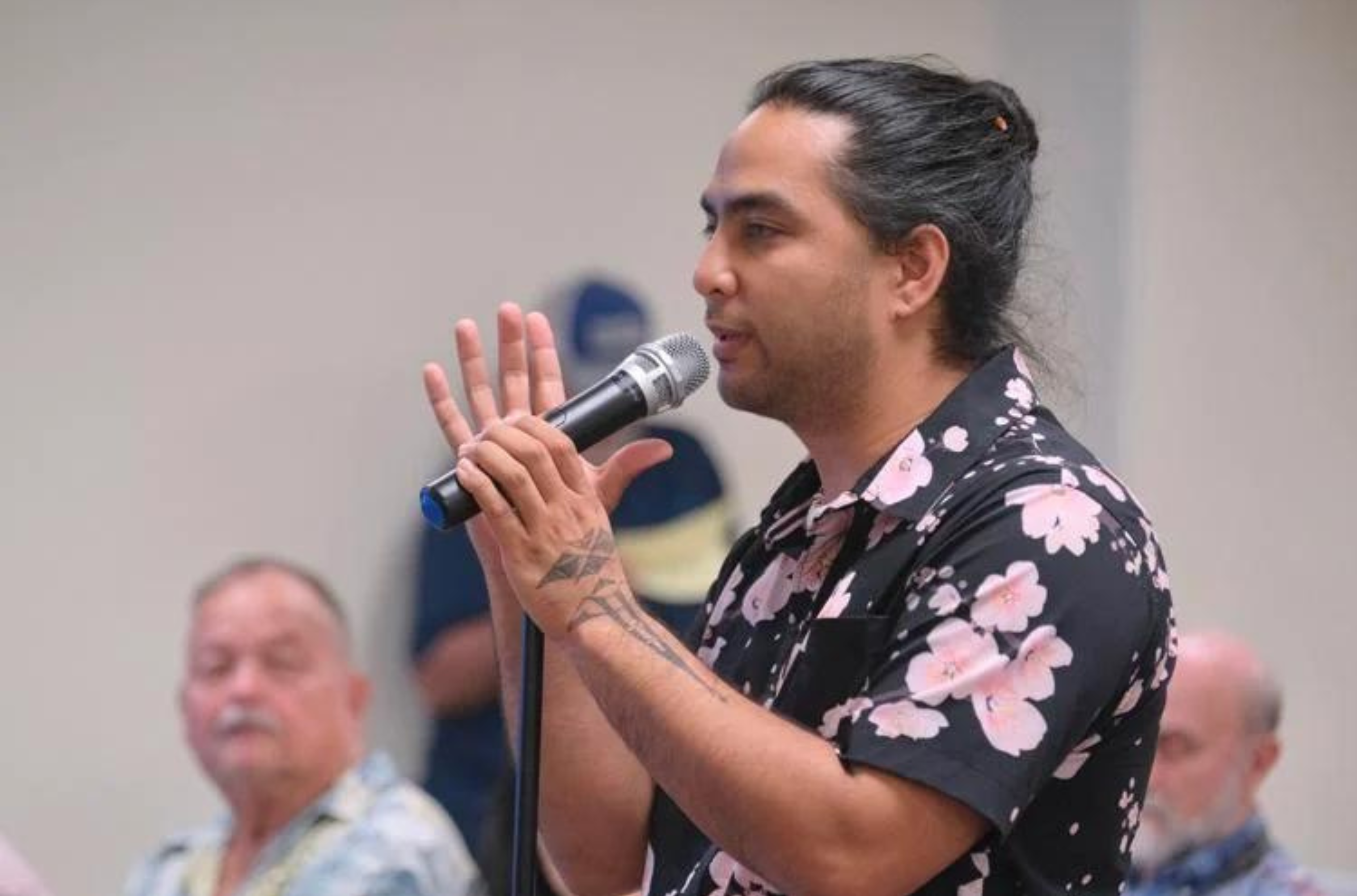 Dakota Camacho raises concerns about restrictions that would be imposed through the proposed Pacific Remote Islands National Marine Sanctuary during a public scoping meeting Wednesday, May 17, 2023, at the Guam Museum in Hagåtña.