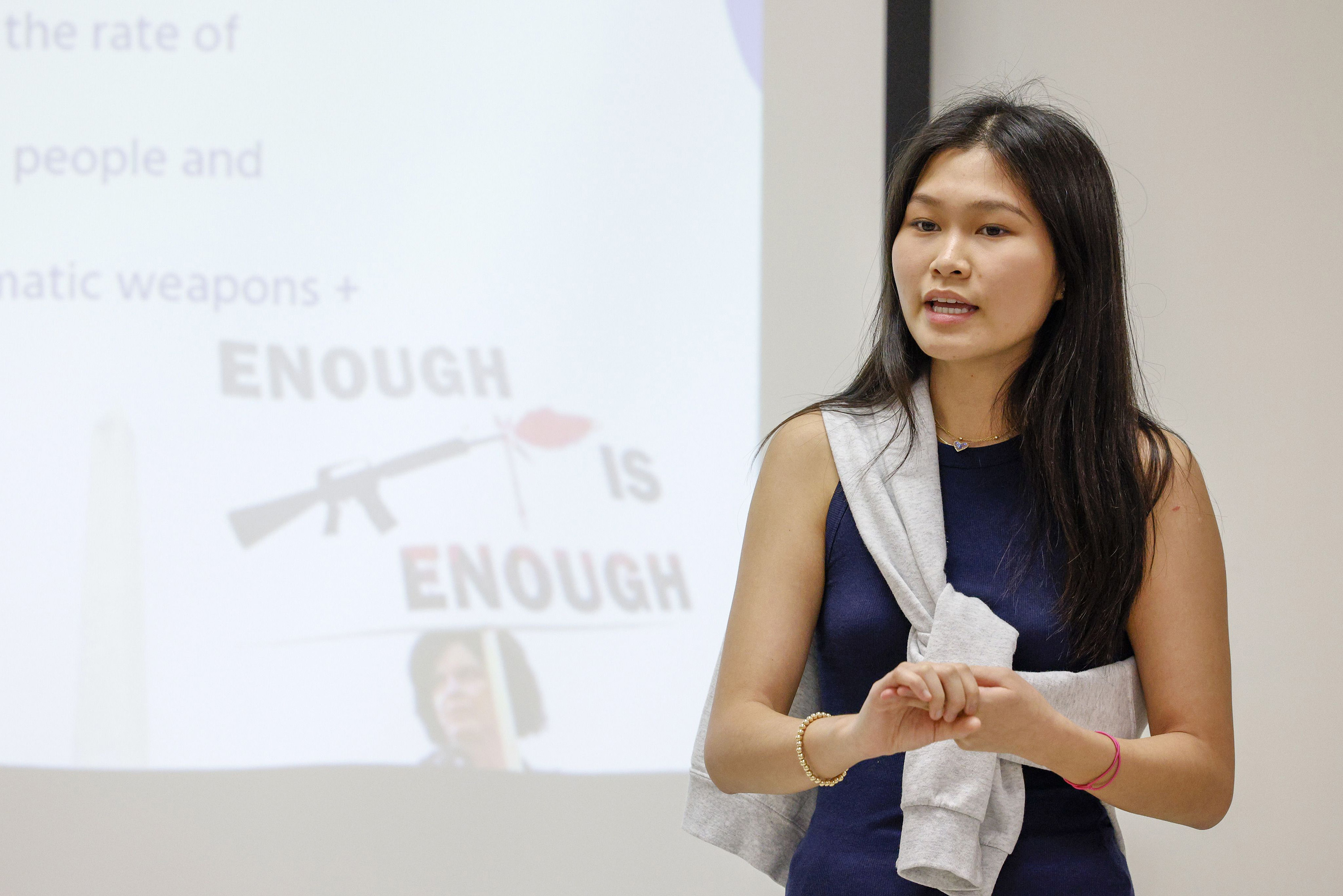 Director of Outreach Katie Chou speaks about the history of gun laws during a Politics for Teens meeting at Plano West Senior High School on Thursday, May 18, 2023, in Plano, Texas. (ElÃ­as Valverde II/The Dallas Morning News/TNS)