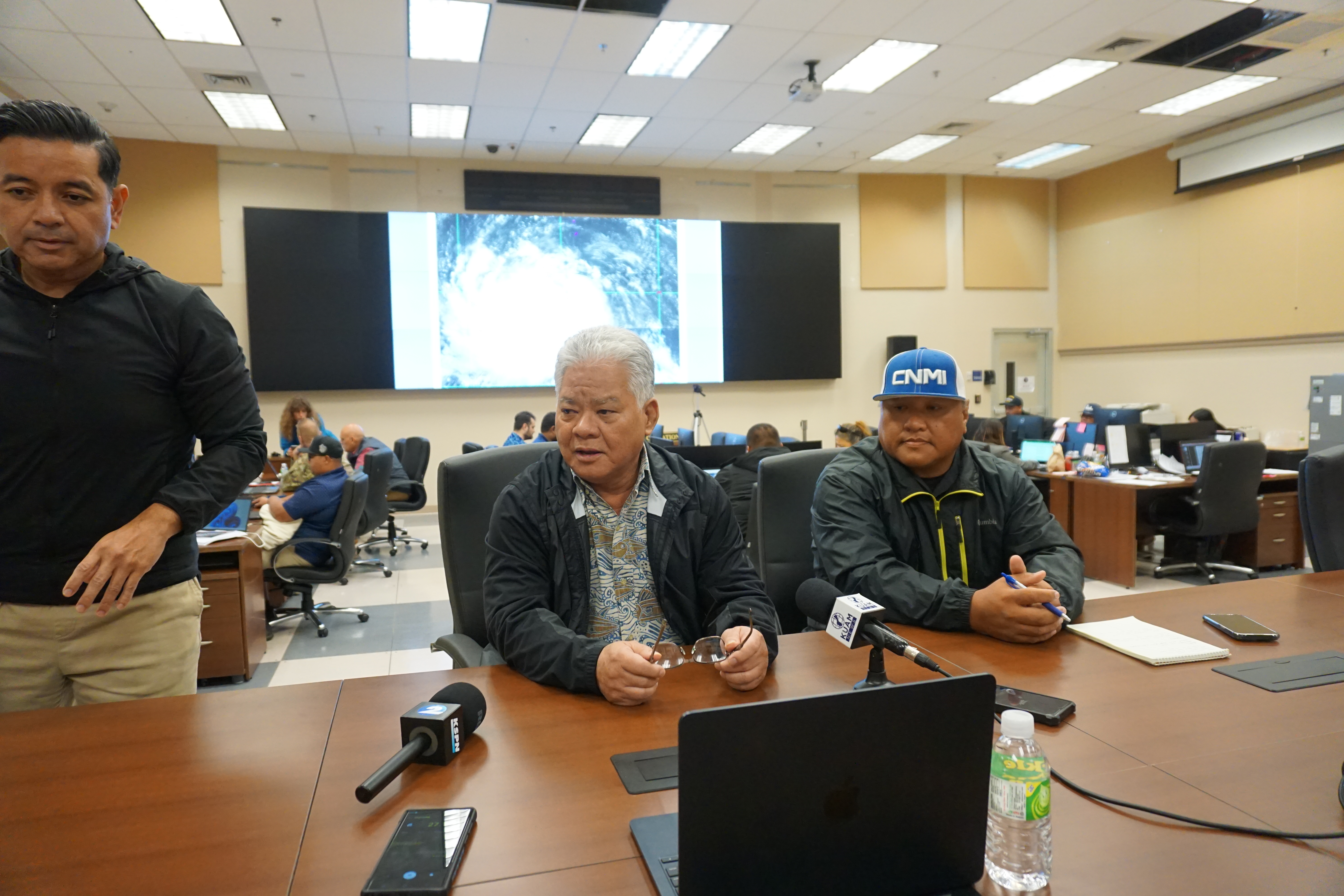 Gov. Arnold I. Palacios, center, with CNMI Homeland Security and Emergency Center manager Joey Dela Cruz, right, and Frankie Eliptico, Northern Marianas College vice president for administration and advancement.