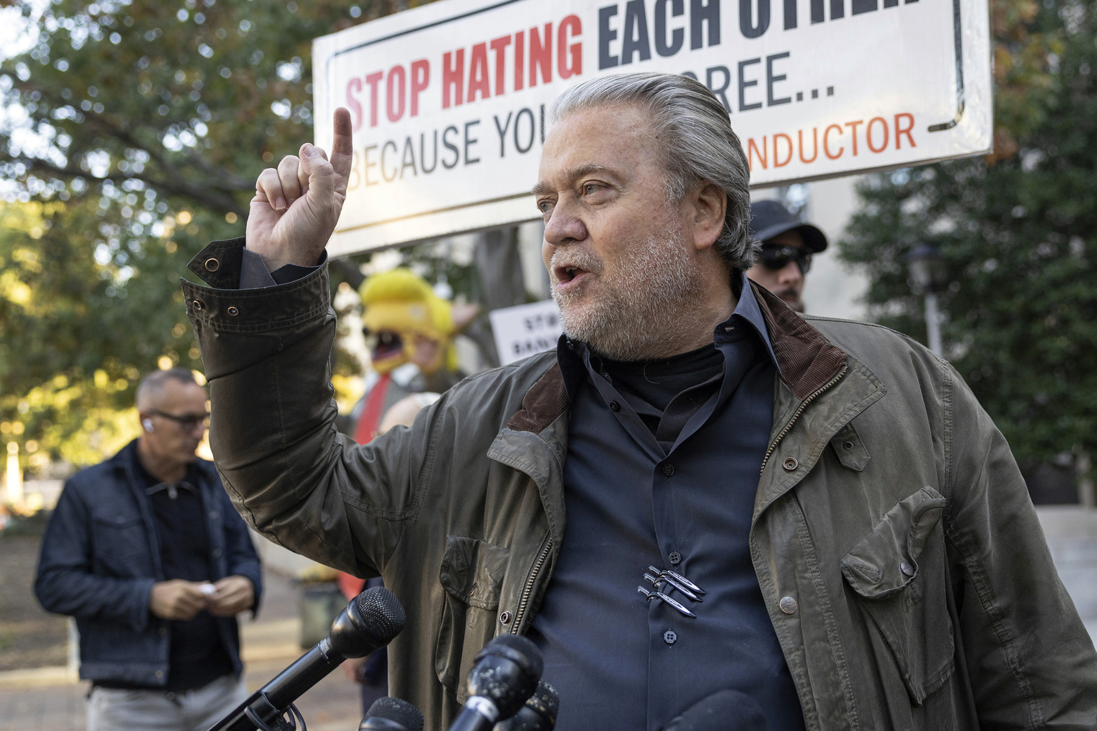 Former Trump White House senior adviser Steve Bannon speaks to the media as he arrives at federal court to be sentenced on Oct. 21, 2022, in Washington, D.C.. (Kevin Dietsch/Getty Images/TNS)