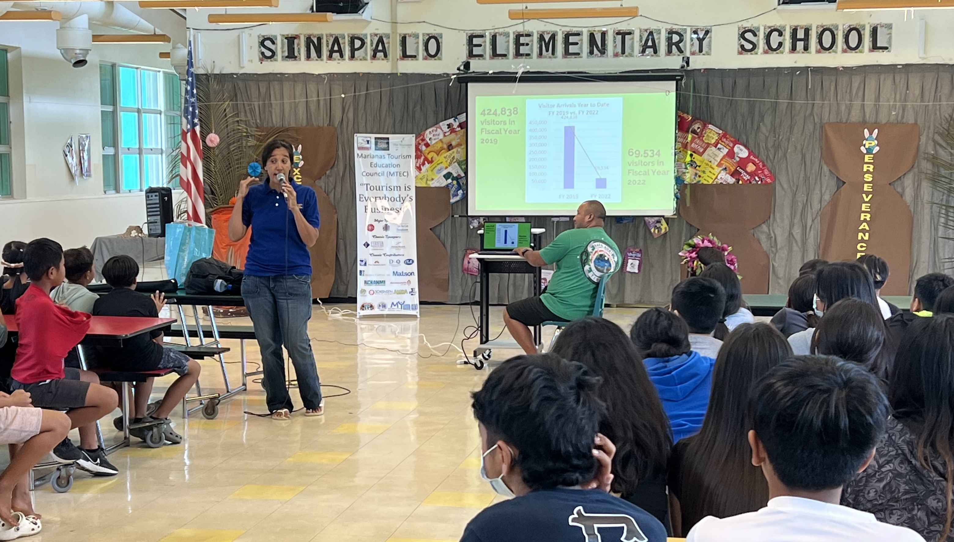 Marianas Tourism Education Council Board Member Catherine Perry, standing left, shares about tourism with students of Sinapalo Elementary School on April 19, 2023.   Joining the presentation, seated center background, is Marianas Visitors Authority Rota Acting Grounds Supervisor David Atalig.