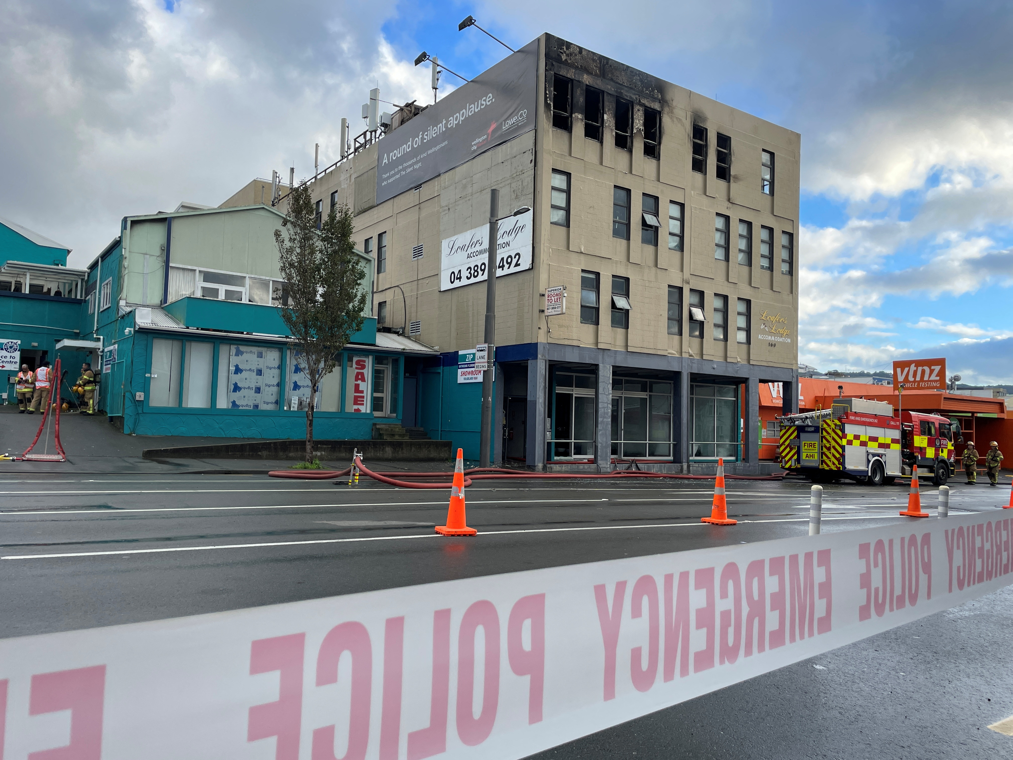 FILE PHOTO: The exterior of a hostel, after a fire ripped through the building, resulting in a number of deaths, in Wellington, New Zealand May, 16, 2023. AAP Image/Ben McKay via REUTERS