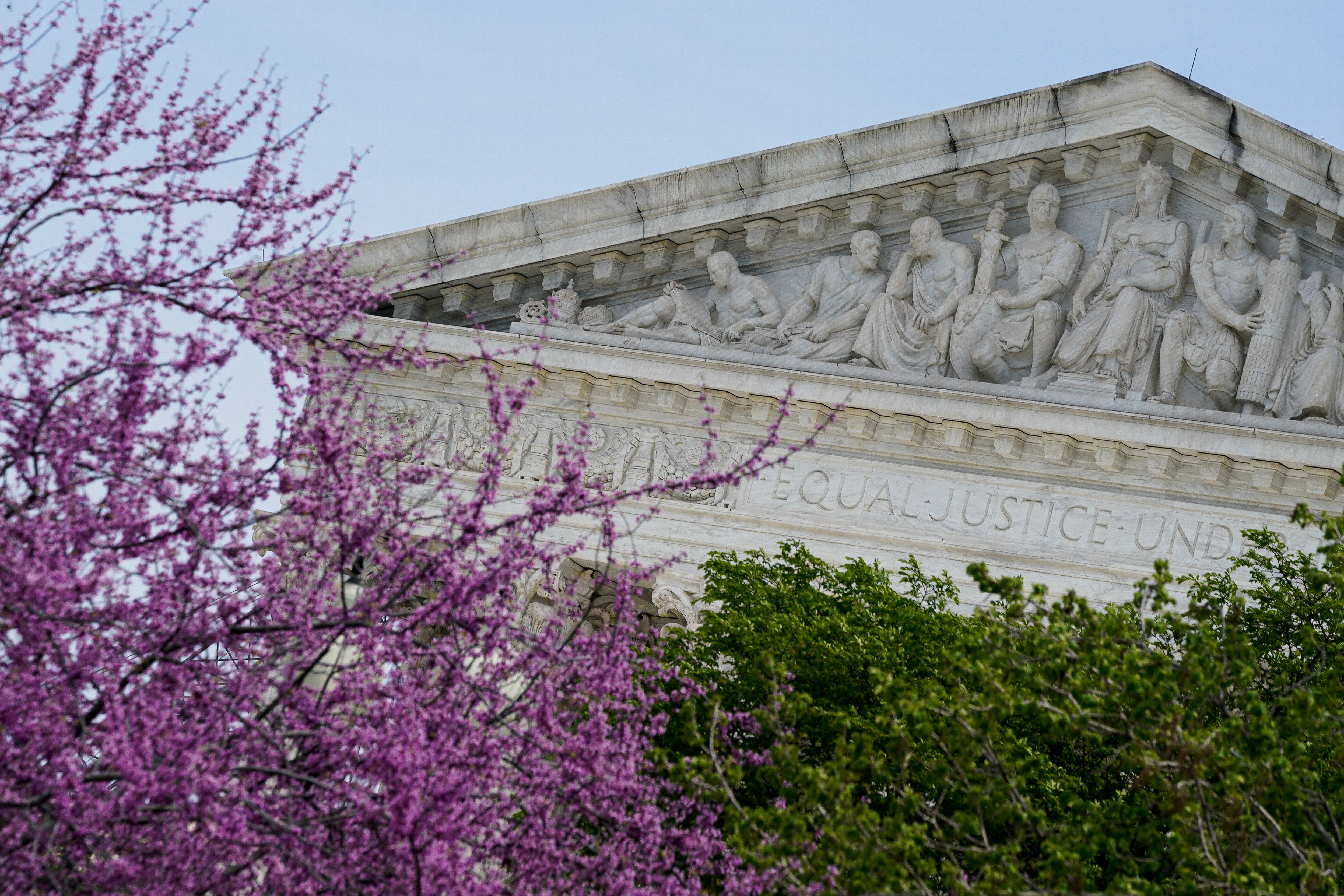 FILE PHOTO: The words "Equal justice" are seen on the U.S. Supreme Court building in Washington, U.S., April 5, 2023. REUTERS/Elizabeth Frantz/File Photo