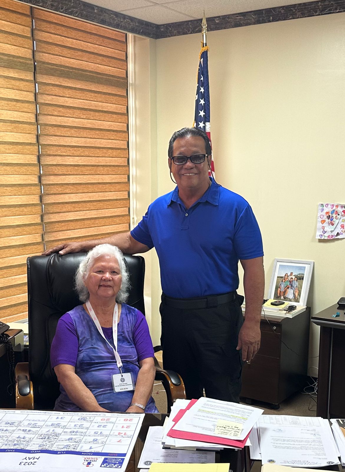 Honorary Saipan Mayor Rita Reyes, left, with Saipan Mayor RB Camacho at his office on Friday, May 12, 2023.