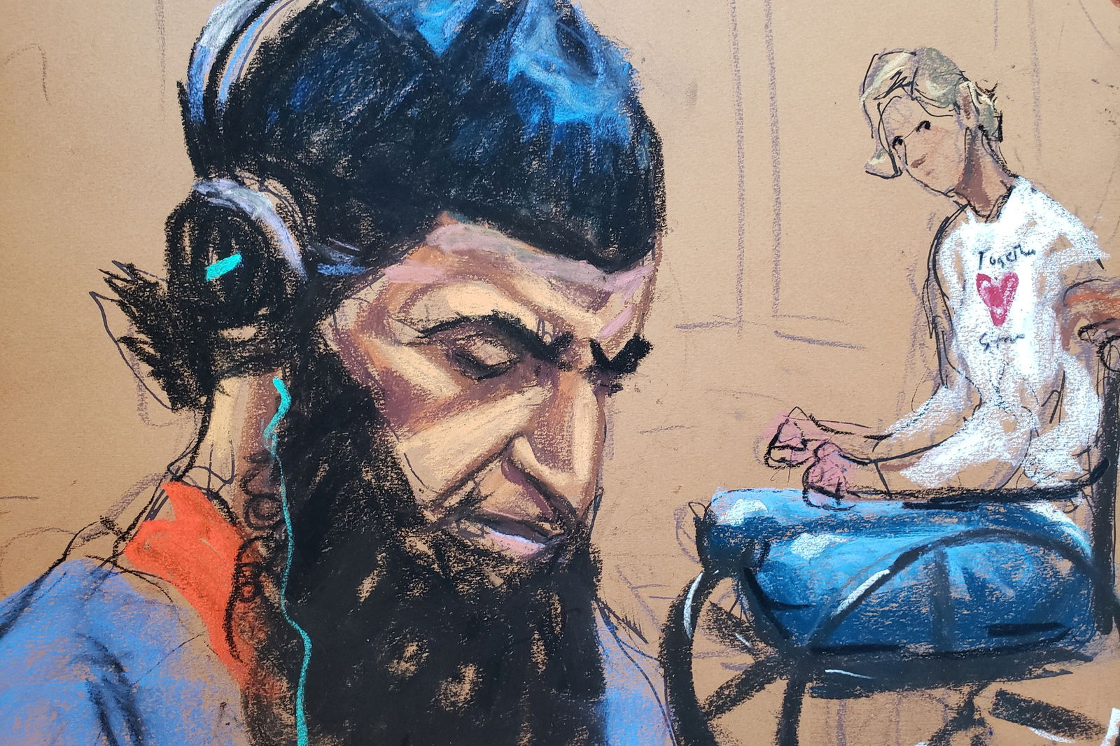 Marion Van Reeth of Belgium glares at Sayfullo Saipov, who was convicted in January of murder and terrorism charges after mowing down cyclists and pedestrians with a truck, as she is wheeled out after giving her victim impact statement at a sentencing hearing in New York, U.S., May 17, 2023 in this courtroom sketch. REUTERS/Jane Rosenberg