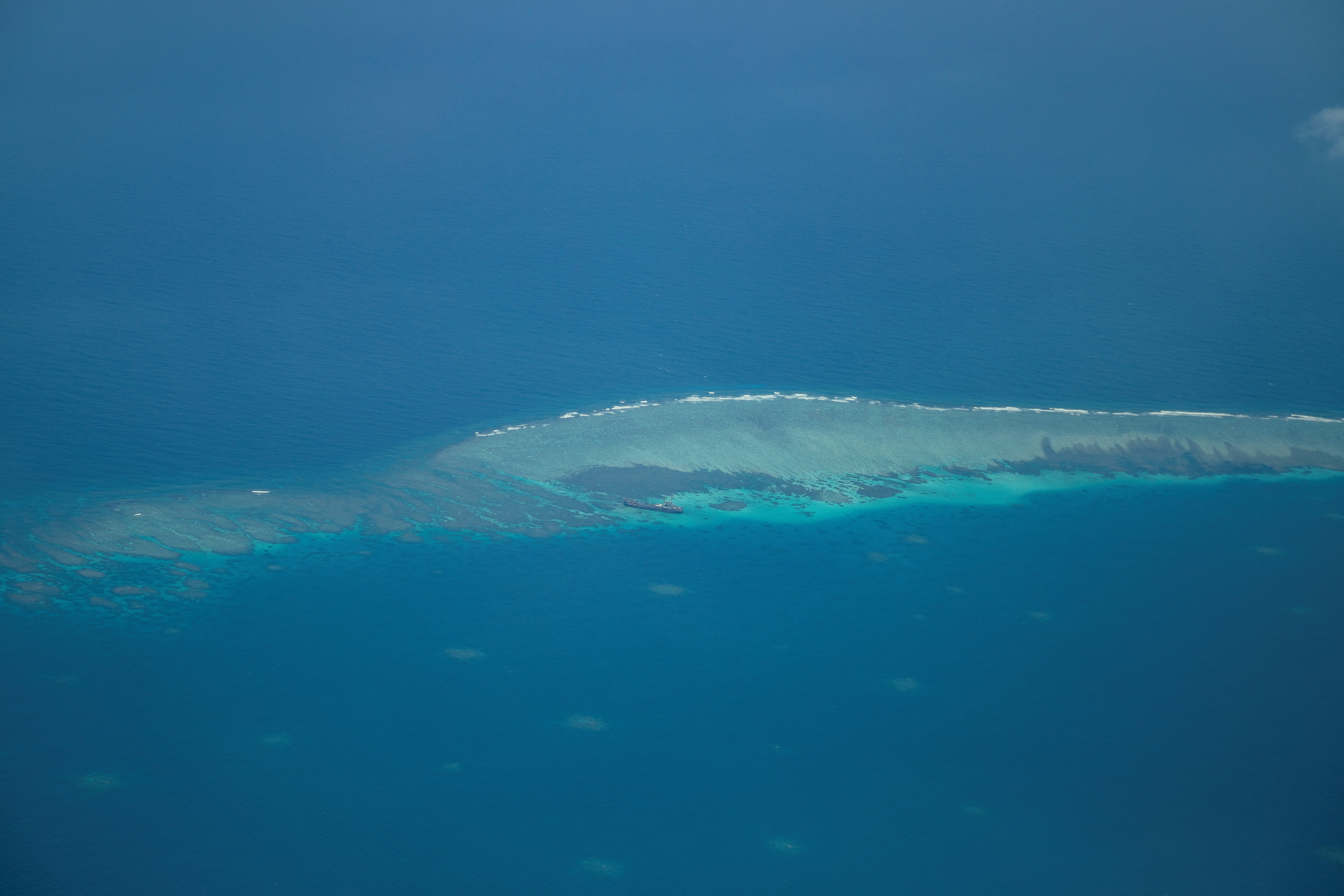 FILE PHOTO: An aerial view shows the BRP Sierra Madre on the contested Second Thomas Shoal, locally known as Ayungin, in the South China Sea, March 9, 2023.