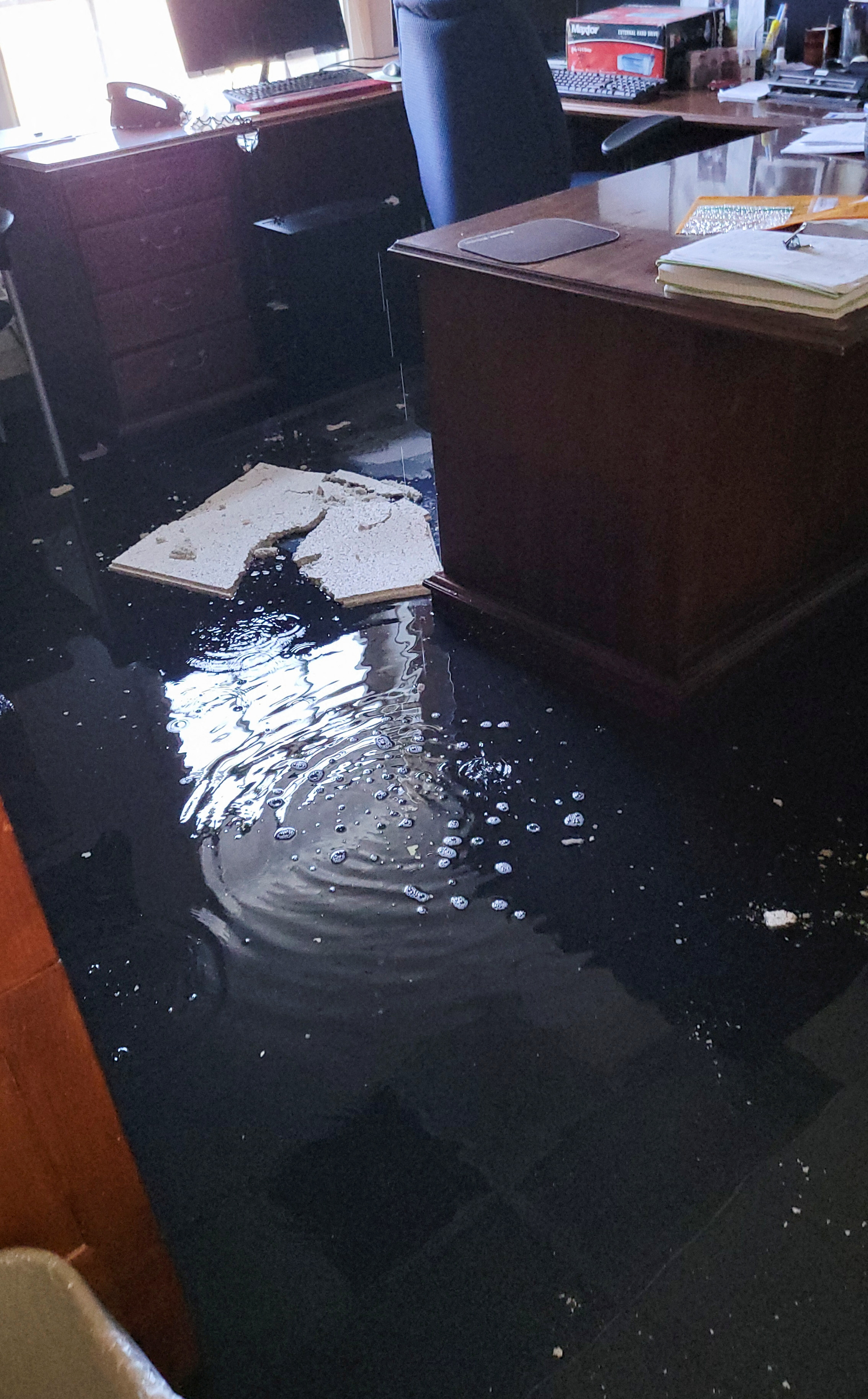 A flooded office is seen in the U.S. Department of Agriculture’s (USDA) Beltsville Agricultural Research Center (BARC) in a photo taken by an employee after a 2022 Christmas Day flood at the research facility, where employees have now filed whistleblower complaints over employee working conditions, in Beltsville, Maryland, U.S. December 26, 2022. To match Exclusive USA-FARM/RESEARCH Ashaki "Teddi" Mitchell/Handout via Reuters T