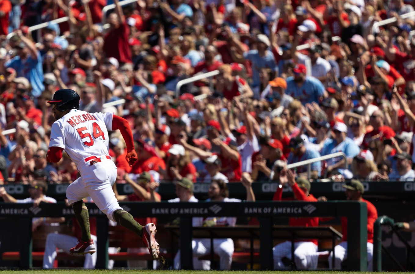 Oscar Mercado (54) runs the bases at Busch Stadium against the Los Angeles Dodgers in St. Louis, Missouri,  May 21, 2023.
