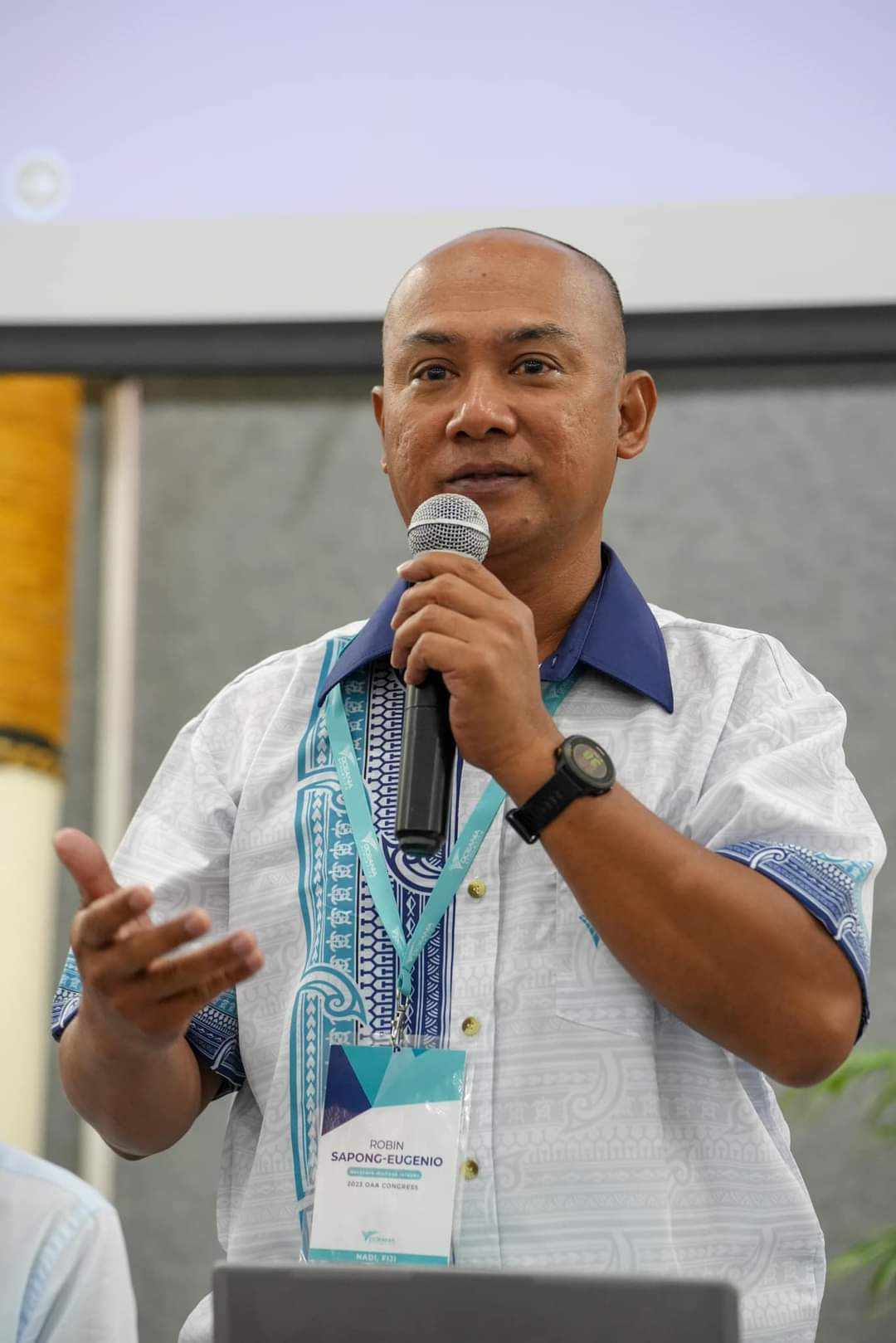 Robin Sapong delivers his remarks after he was re-elected as Oceania Athletics president during the Oceania Athletics Association Congress in Nadi, Fiji on Wednesday, May 17.