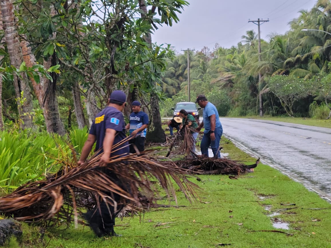 Staff members of the Rota Mayor's Office remove typhoon debris from a public road.