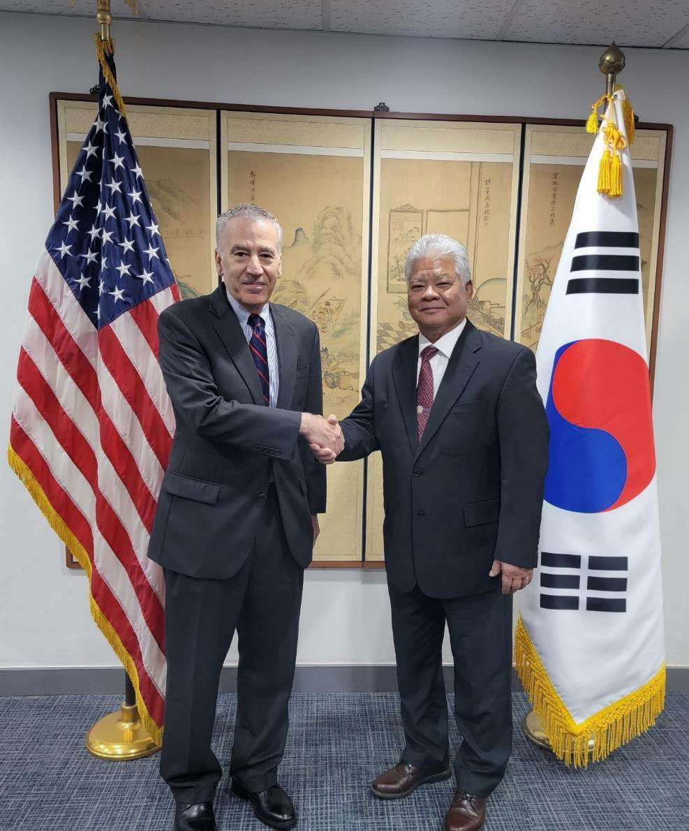U.S. Ambassador to South Korea Philip S. Goldberg, left, welcome Governor Arnold A. Palacios of the U.S. Commonwealth of the Northern Mariana Islands to the embassy on June 8, 2023, in Seoul.  Governor Palacios was in Korea to reaffirm ties with tourism partners in the top source market for tourists to the Marianas.