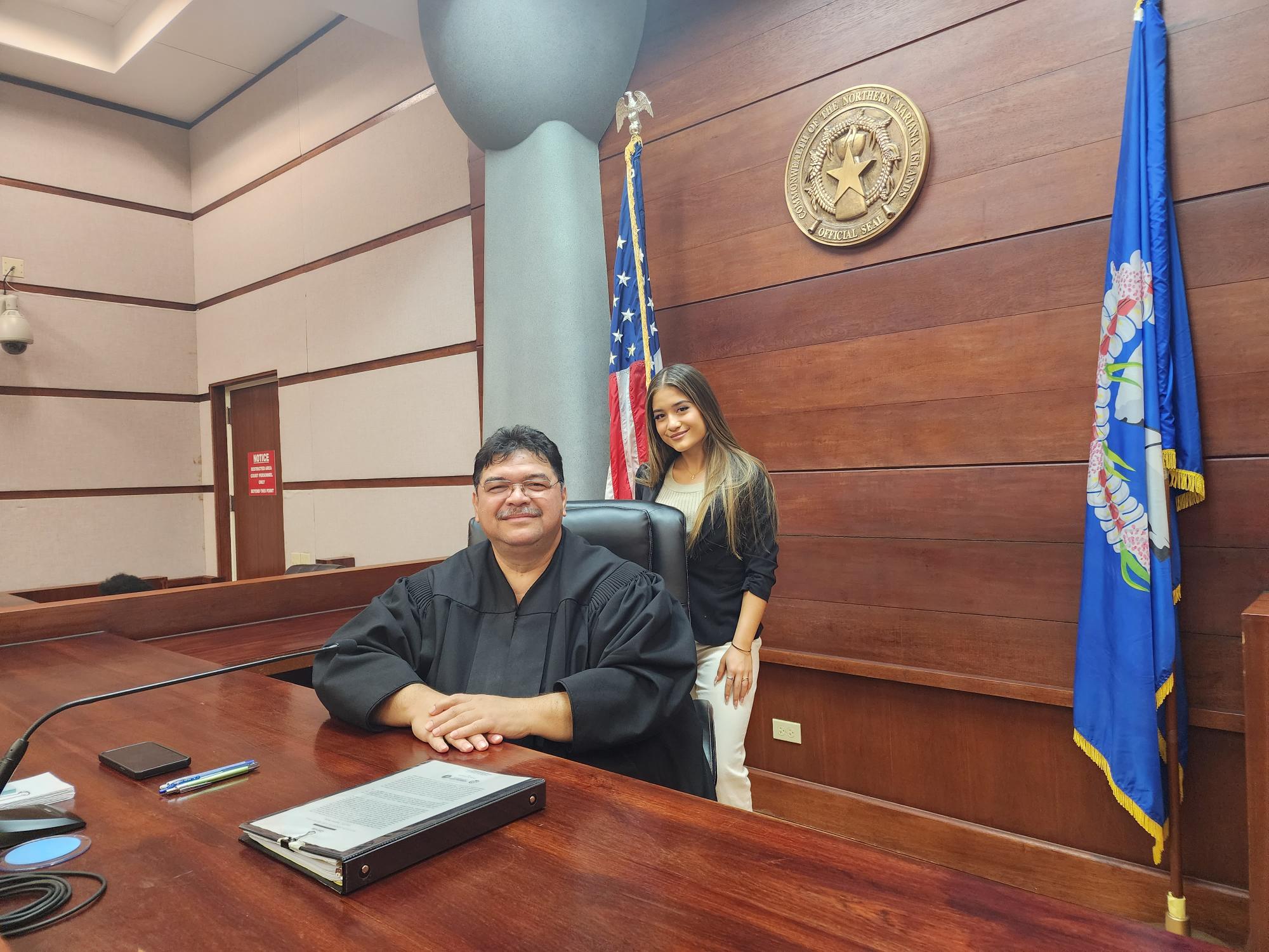 Cielo Citlalli Gutierrez Long with Judge Joseph N. Camacho in a courtroom Monday morning.