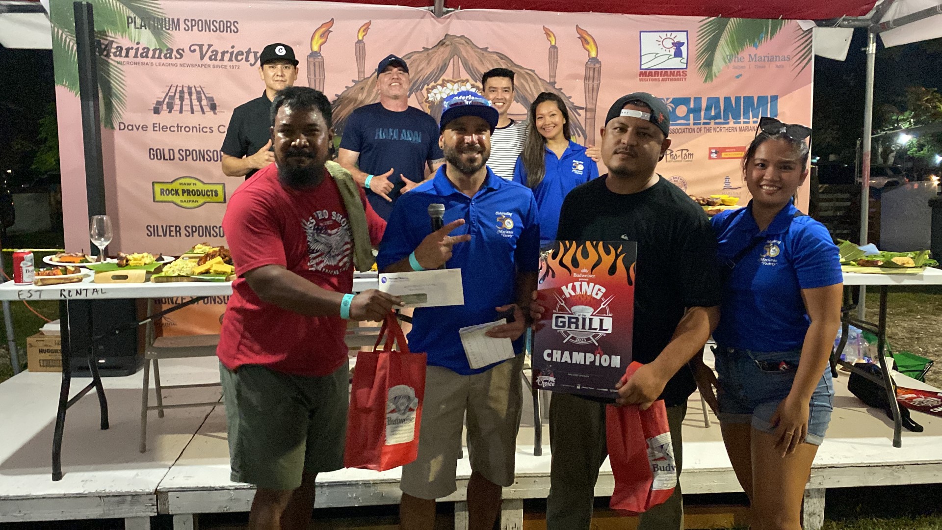 The winners of the steak division: Juan Ogarto, left, Jojo Ulloa, 2nd right, with Marianas Variety President Amier C. Younis and  Sales and Marketing Supervisor Hazel Sadian.