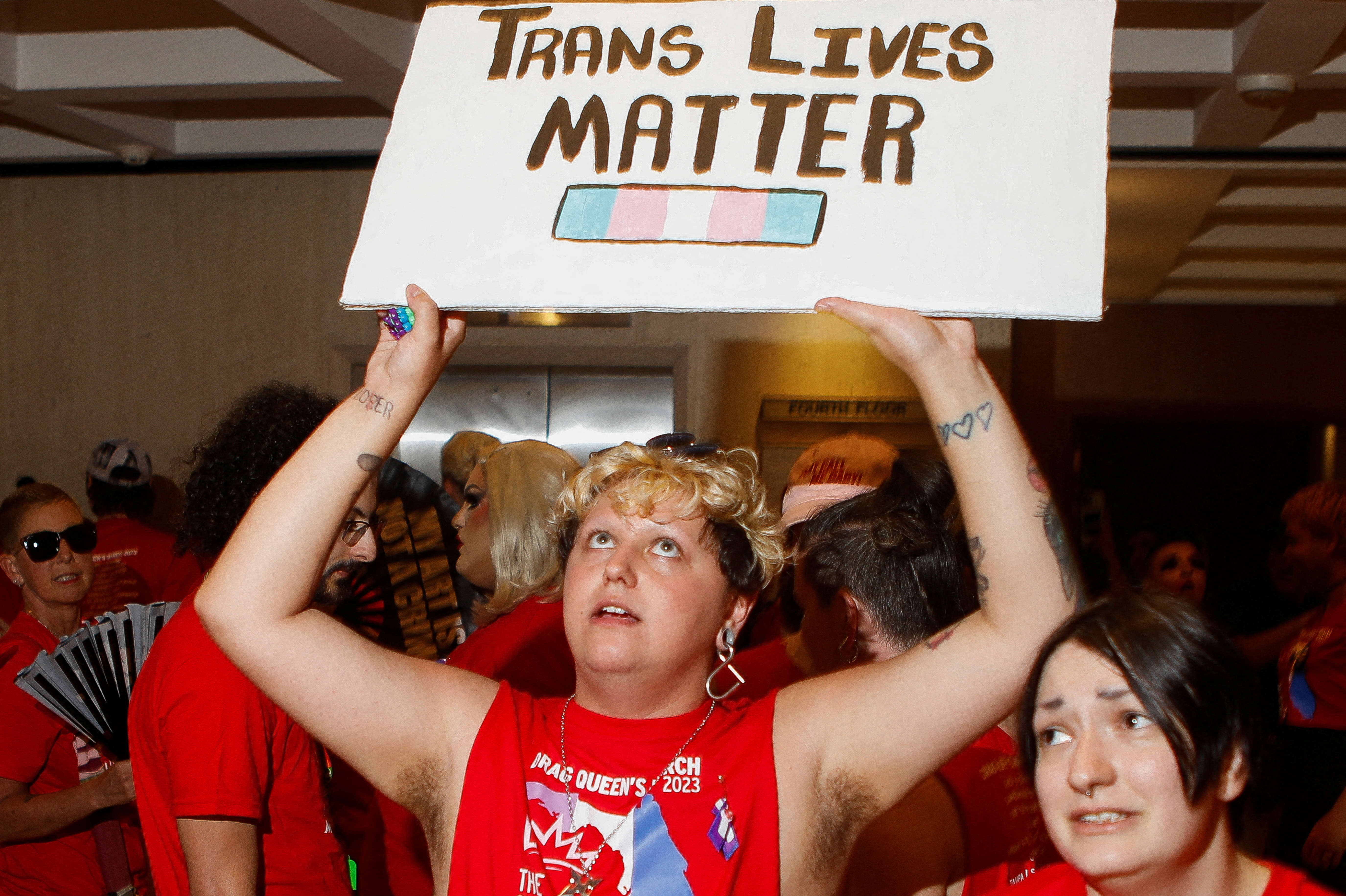 FILE PHOTO: Supporters of the drag community protest against Florida's 'Protection of Children' bill which would ban children at live adult performances, inside the state capitol in Tallahassee, Florida, U.S. April 25, 2023. REUTERS/Octavio Jones