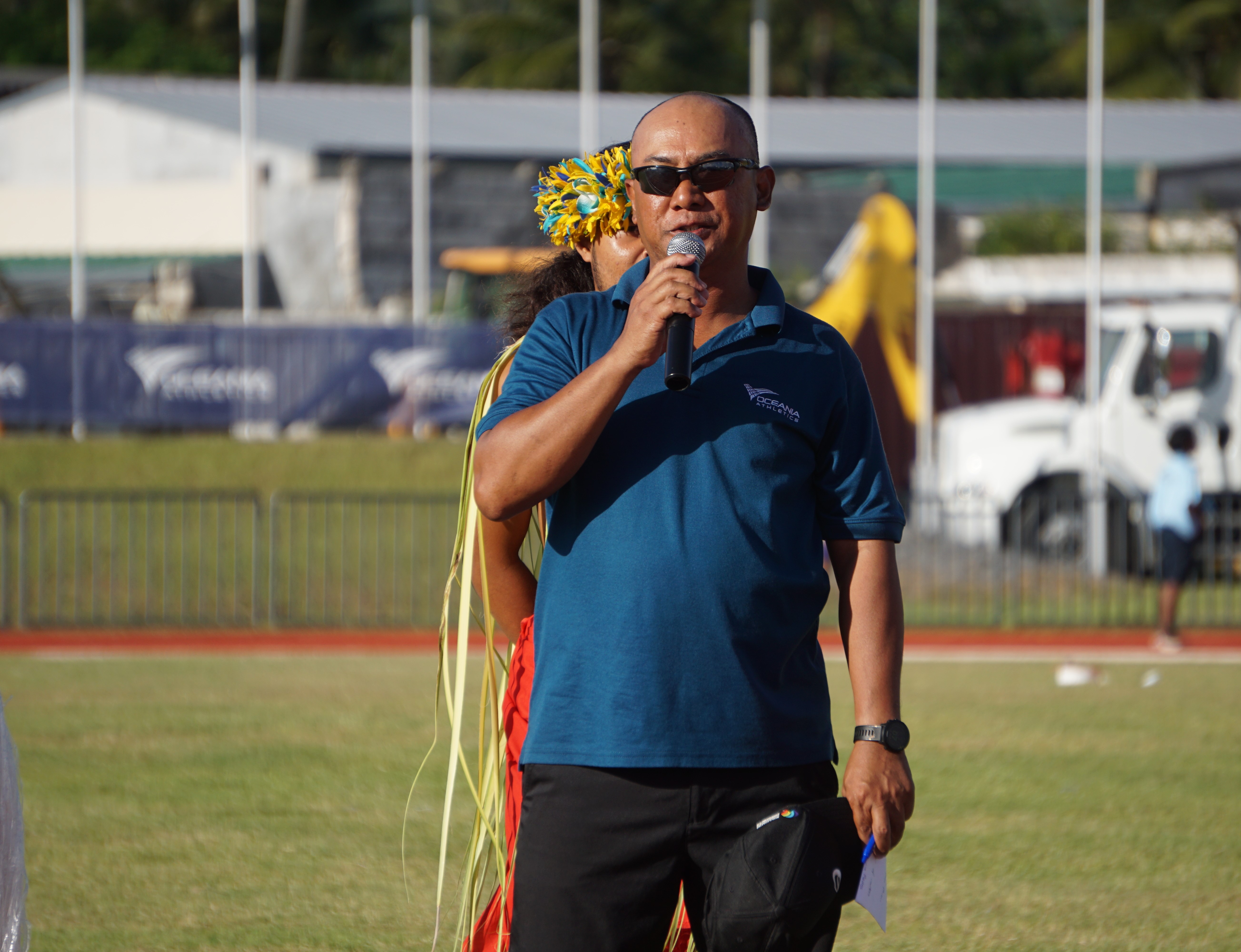 Northern Marianas Athletics General Secretary and Oceania Athletics President Robin Sapong delivers his remarks during the 2023 Oceania Cup opening ceremony on Thursday at the Oleai Sports Complex track and field oval.