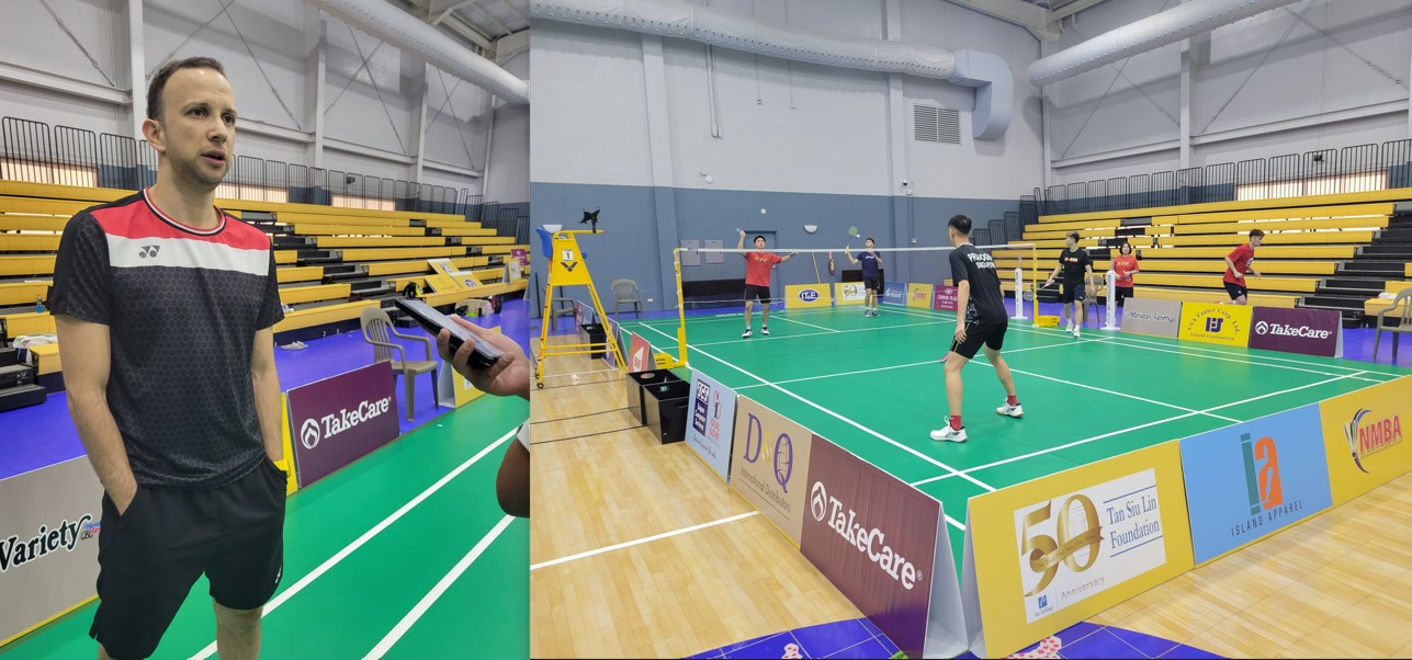 Olympian Kevin Cordon of Guatemala, left, answers a question from a reporter before practicing at the Ada Gymnasium, while right photo shows Singaporean players practicing early Sunday morning. The visiting players will be competing in two 2024 Paris Olympic qualifying tournament hosted by the CNMI — the Crowne Plaza Northern Marianas Open and TakeCare Saipan International.