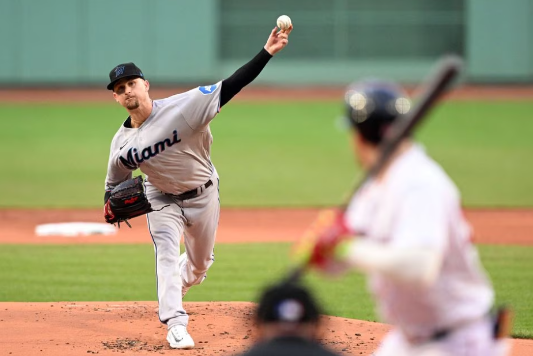 Miami Marlins starting pitcher Braxton Garrett (29) pitches against the Boston Red Sox during the first inning at Fenway Park in Boston, Massachusetts, June 28, 2023.