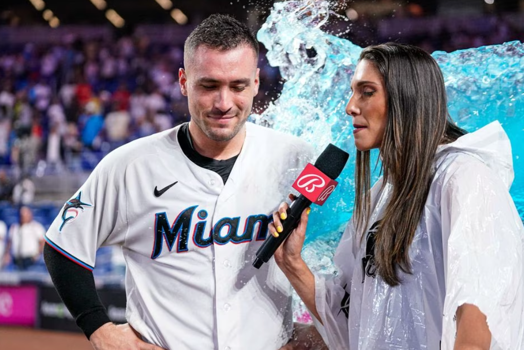 Miami Marlins catcher Nick Fortes (4) is given a Gatorade bath after hitting a game winning RBI single against the San Diego Padres at loanDepot Park in Miami, Florida, June 1, 2023.