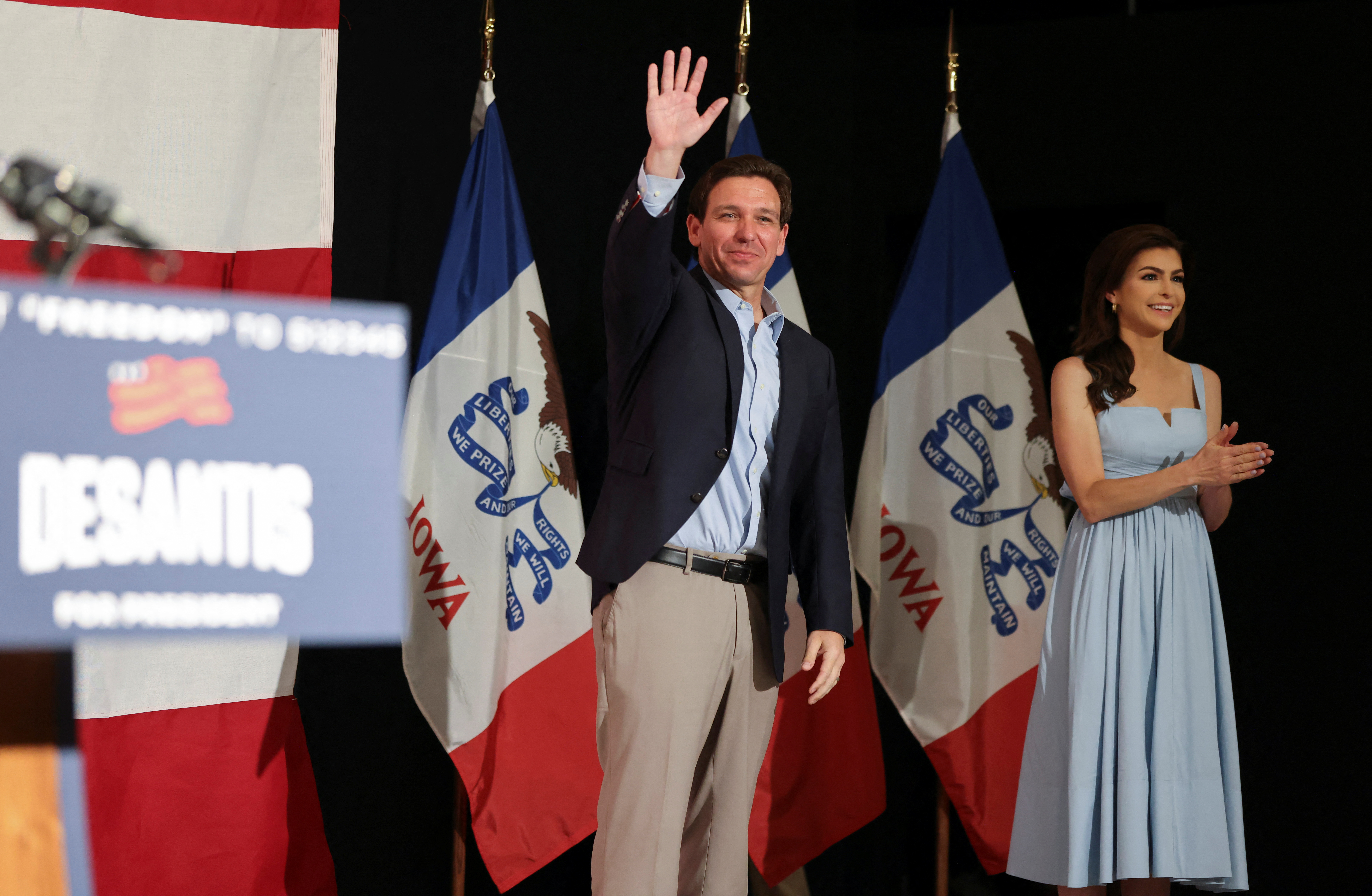 Republican Florida Governor Ron Desantis arrives with his wife Casey to kick off his campaign for the 2024 Republican U.S. presidential nomination with his first official campaign event being an evening rally at the evangelical Eternity church in West Des Moines, Iowa, U.S. May 30, 2023. REUTERS/Scott Morgan