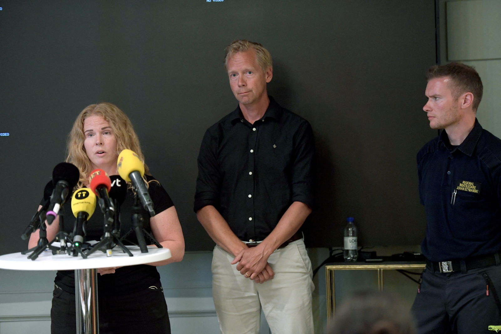 Annika Troselius, Information Manager at Parks and Resorts, Jan Eriksson, CEO Grona Lund, and Johan Szymanski, rescue manager, attend a press conference at Hotel Hasselbacken following a fatal accident that took place on the roller coaster Jetline at the Grona Lund amusement park in Stockholm, Sweden, June 25, 2023. TT News Agency/Maja Suslin/via REUTERS