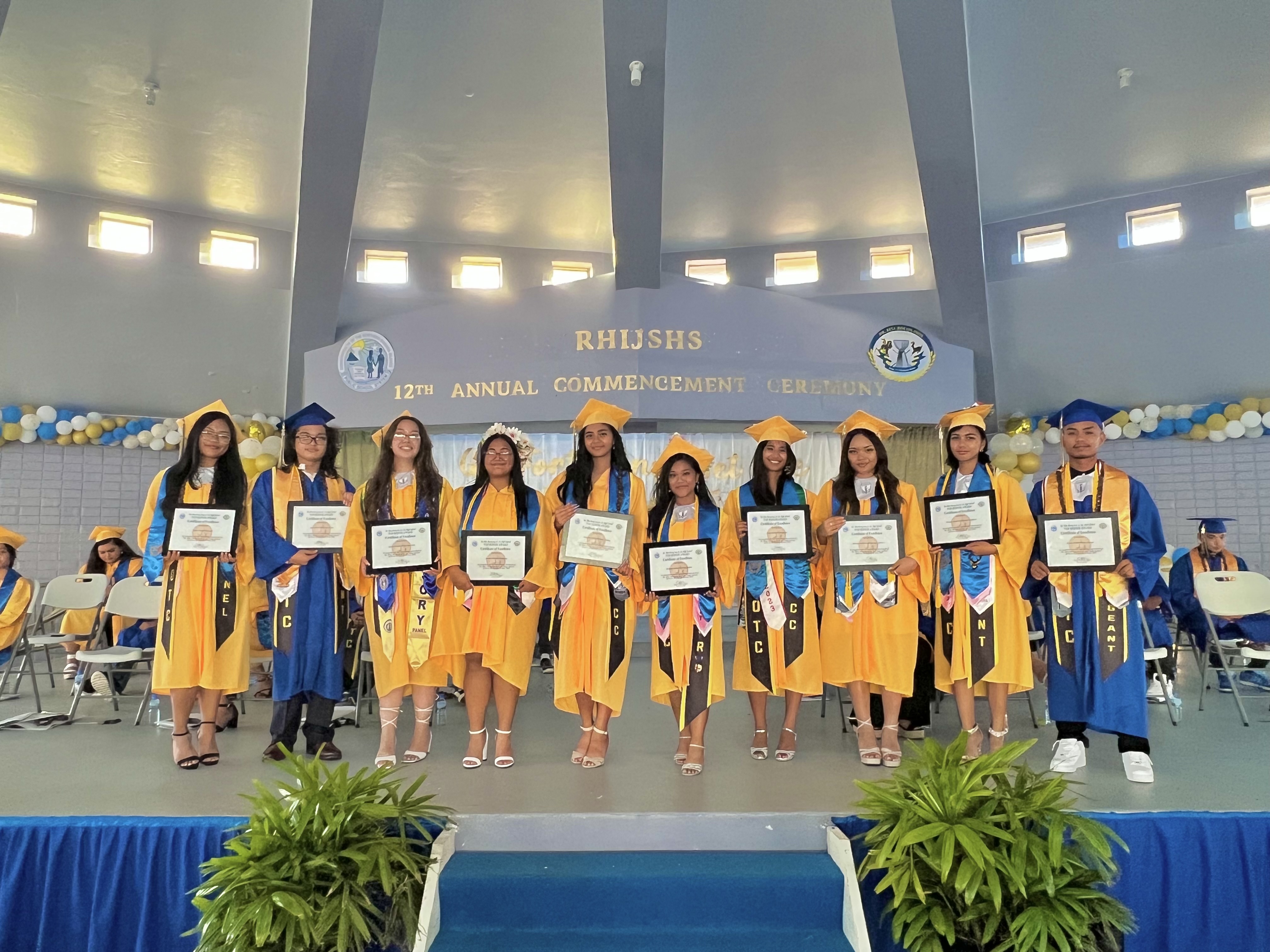 The top 10 graduates of Dr. Rita Hocog Inos Junior High School’s Class of 2023: valedictorian Jermaine Chloe Baltazar Yalung; salutatorian Kaitlyn Amber Indong Balgoa; (3) Ilaiza Ayala Camacho; (4) Glenda Sophia Camacho Valdezco; (5) Amber Nicole Atalig Mendiola; (6) James Ralph Nuqui Emata; (7) Shaniyah Marie Rangamar Cabrera; (8) Kate Ramiro Manglona; (9) Jaselle Isa Flawau Manglona and (10) John Kent Dela Cruz. (More photos on page 6)