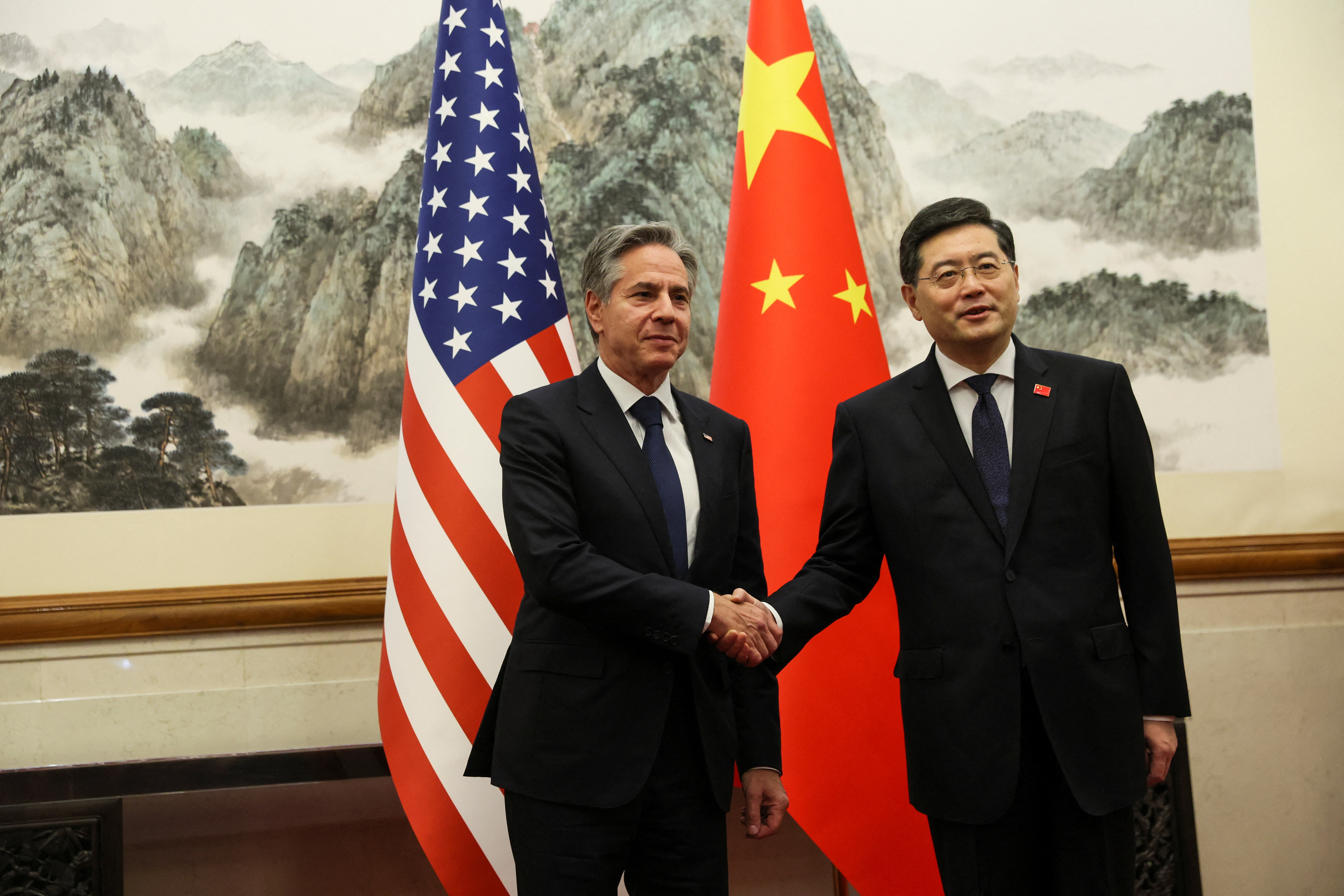U.S. Secretary of State Antony Blinken shakes hands with China's Foreign Minister Qin Gang at the Diaoyutai State Guesthouse in Beijing, China, June 18, 2023. REUTERS/Leah Millis/Pool