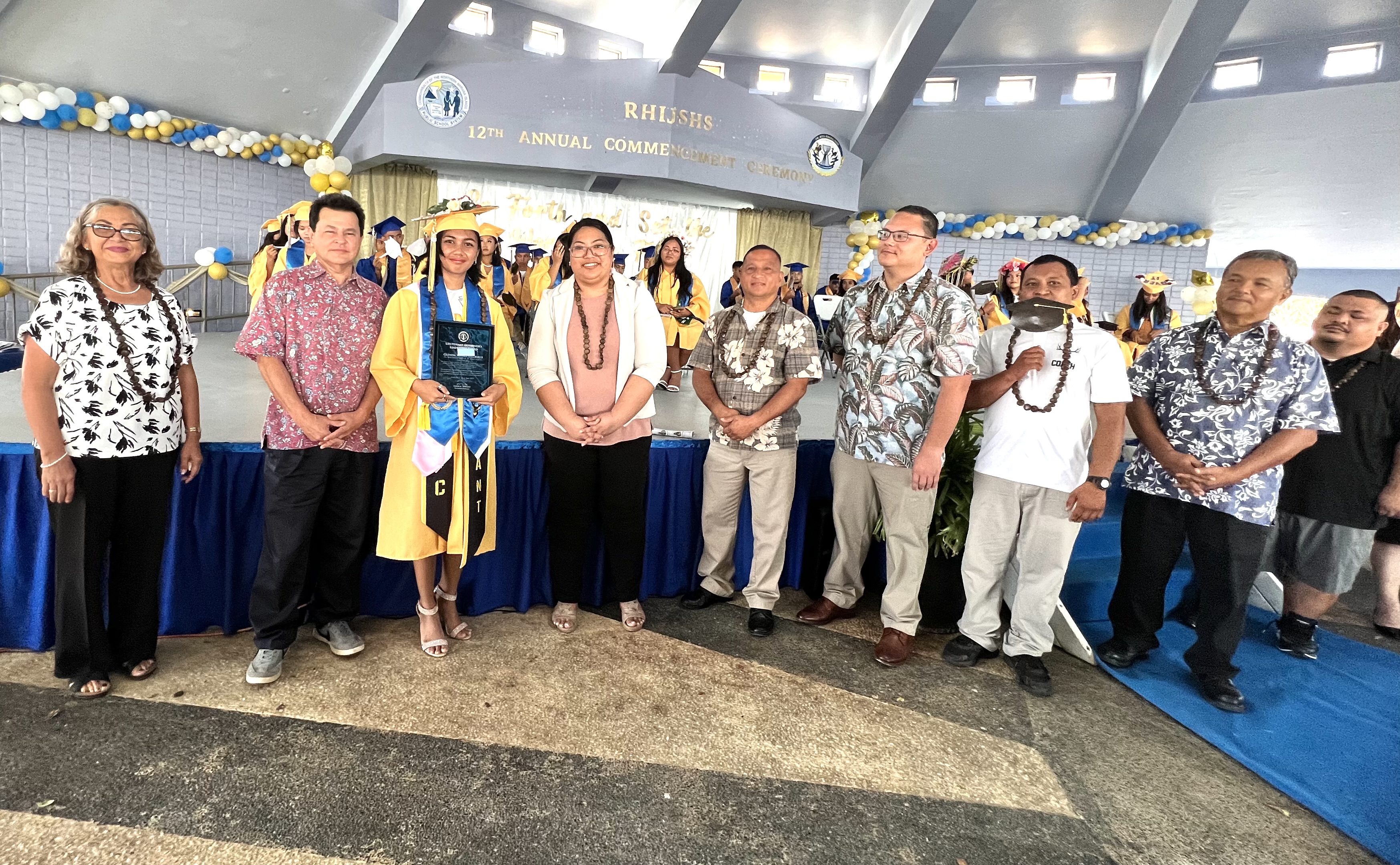 Glenda Sophia Valdezco is the recipient of the Lt. Governor’s Leadership Award which was presented by Lt. Gov. David M. Apatang’s chief of staff, Henry Hofschneider, and Special Assistant for Women’s Affairs Barbara Sablan. Also in photo are Rota Mayor Aubrey Hocog, Senate Vice President Donald Manglona, Sen. Paul A. Manglona and other officials.