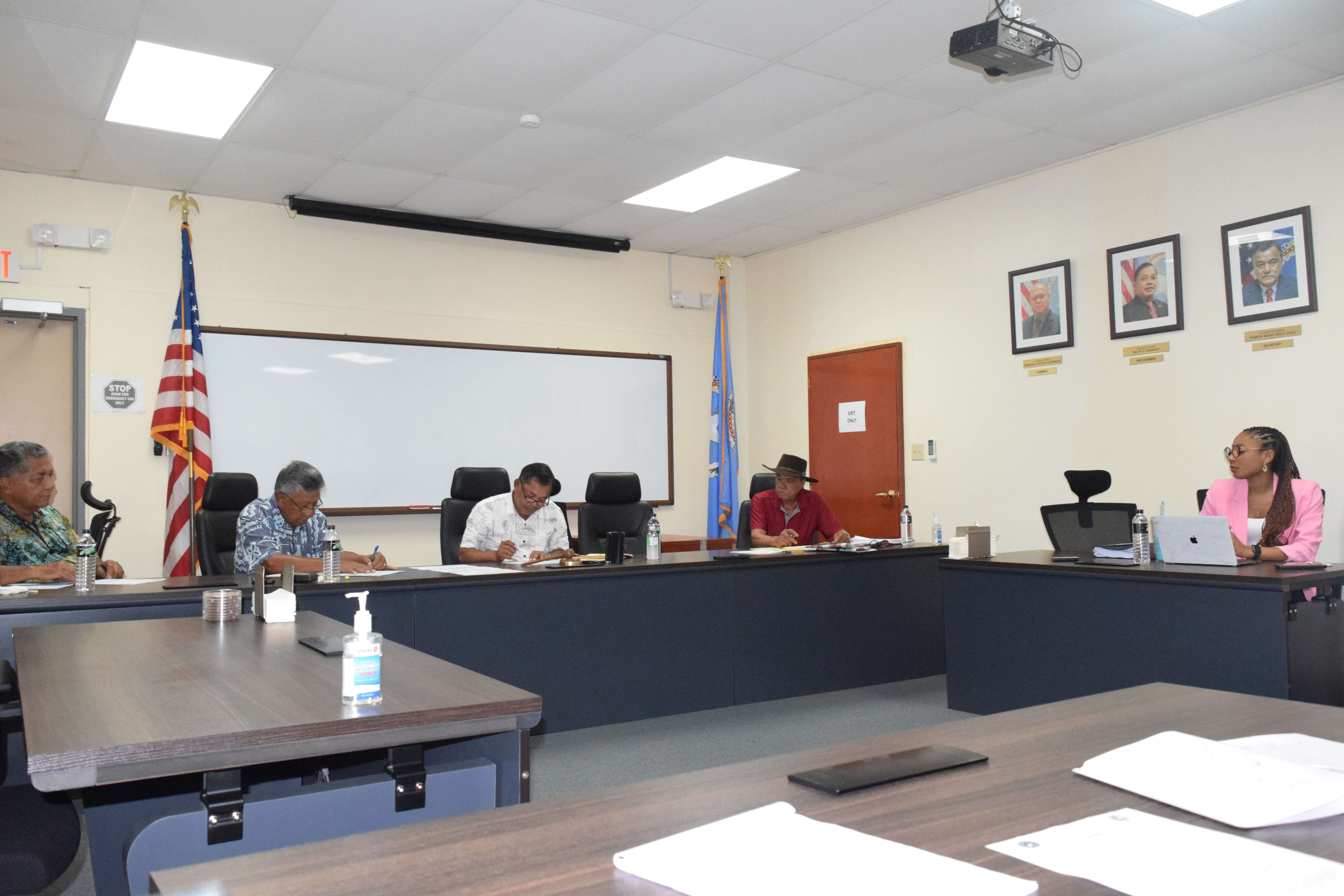From left, Commonwealth Casino Commissioners Martin Mendiola, Mario Taitano, Ralph S. Demapan, Ramon Dela Cruz and legal counsel Keisha Blaise during a meeting on Thursday in Gualo Rai.