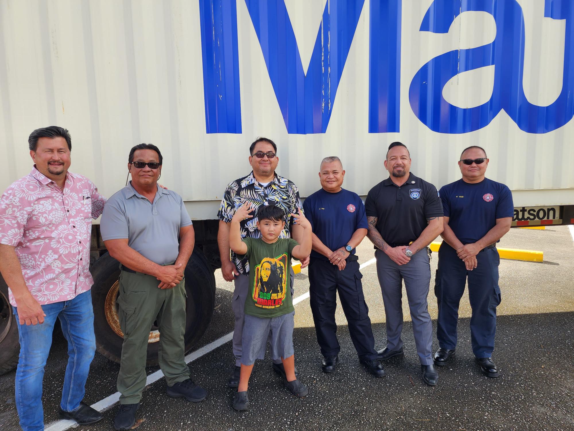 In photo: House Floor Leader Edwin Propst, Saipan Mayor Ramon B. Camacho, Department of Public Safety Commissioner Clement Bermudes, Acting DFEMS Commissioner Juan Pua and Corrections Commissioner Anthony Torres.