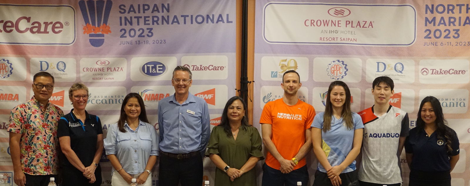 In photo: Northern Marianas Sports Association President Jerry Tan, Badminton Oceania CEO Julie Carrel, Northern Marianas Badminton Association President Merlie Tolentino, Crowne Plaza Resort Saipan General Manager Robert Coates, TakeCare Insurance Health Plan Manager Nora Ferejan, athletes Kevin Cordón of Guatemala, Gronya Somerville of Australia, Son Won Ho of South Korea, and the NMI's Janelle Pangilinan at the Crowne Plaza Resort Saipan on Monday.