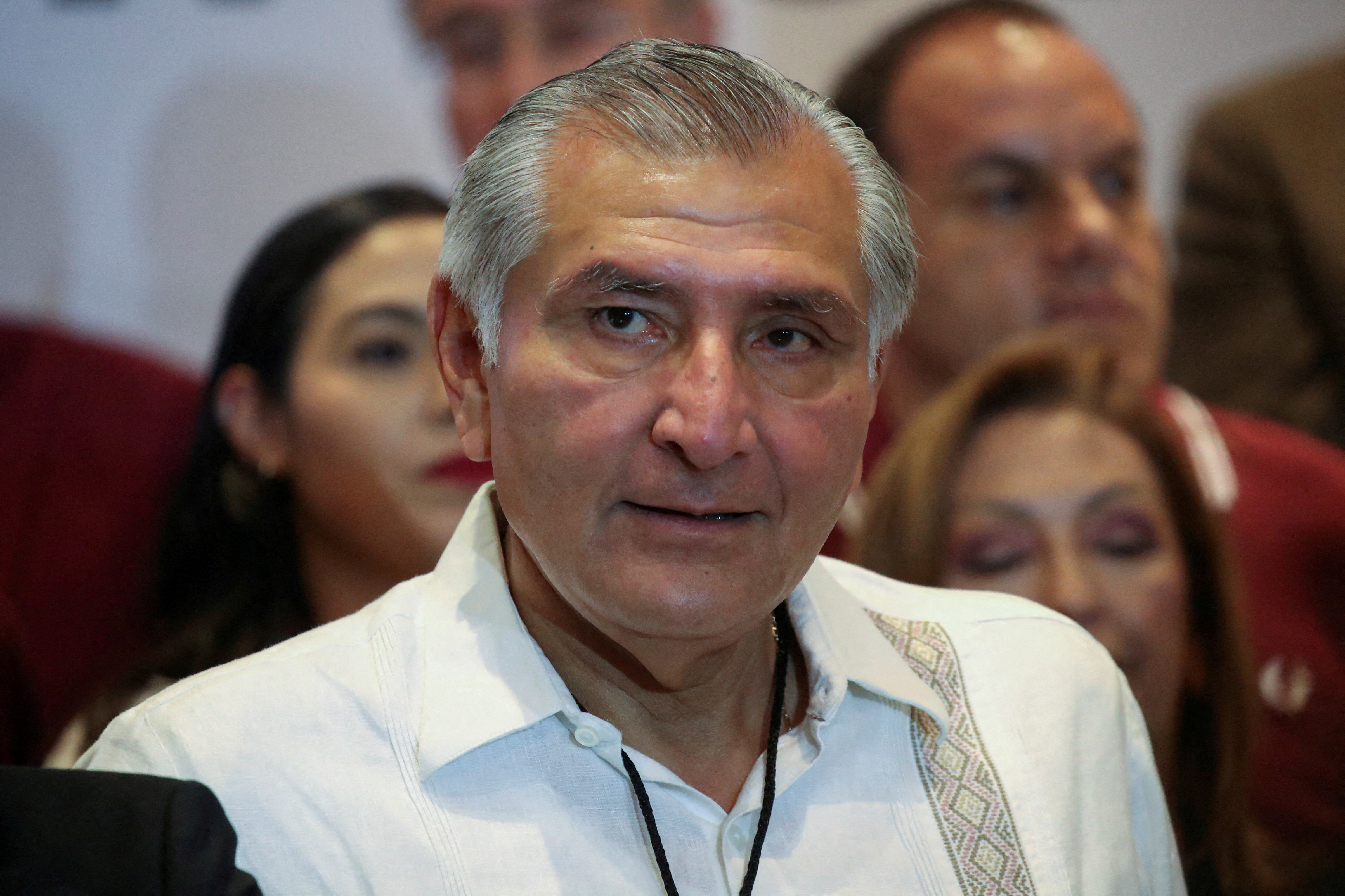 FILE PHOTO: Mexico's Interior Minister Adan Augusto Lopez looks on during the announcement of aspiring candidates for MORENA party's 2024 presidential candidacy, in Mexico City, Mexico June 11, 2023. REUTERS/Henry Romero/File Photo