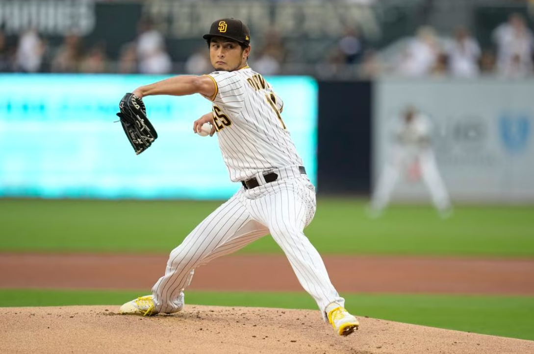 San Diego Padres starting pitcher Yu Darvish (11) throws a pitch against the Chicago Cubs during the first inning at Petco Park in San Diego, California, June 3, 2023.