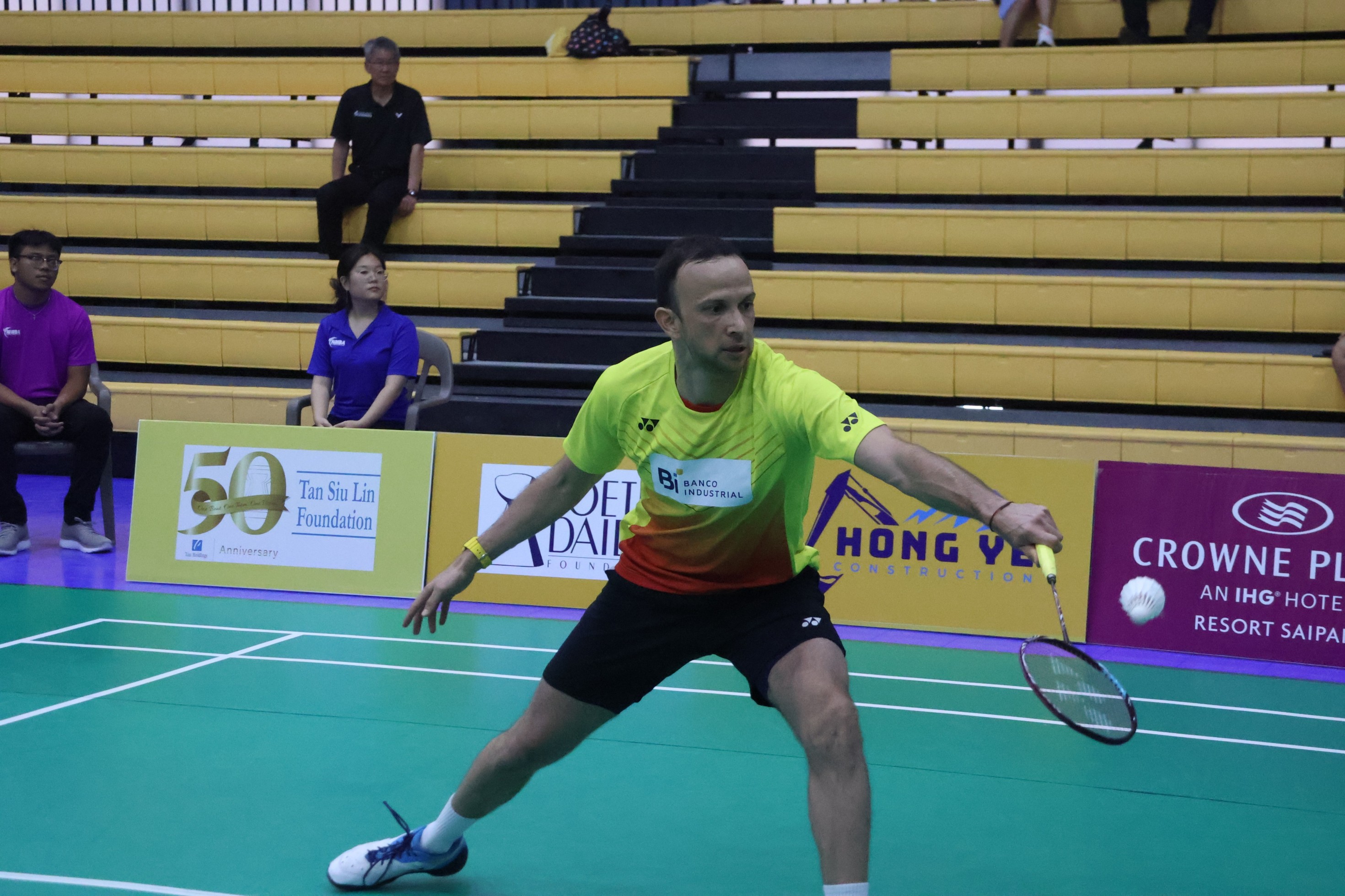 Guatemala's Kevin Cordon reaches for the backhand return against South Korea's Choi Pyeong Gang during their  men's singles match in round 2 of TakeCare Saipan International 2023 Wednesday at the Ada gym.