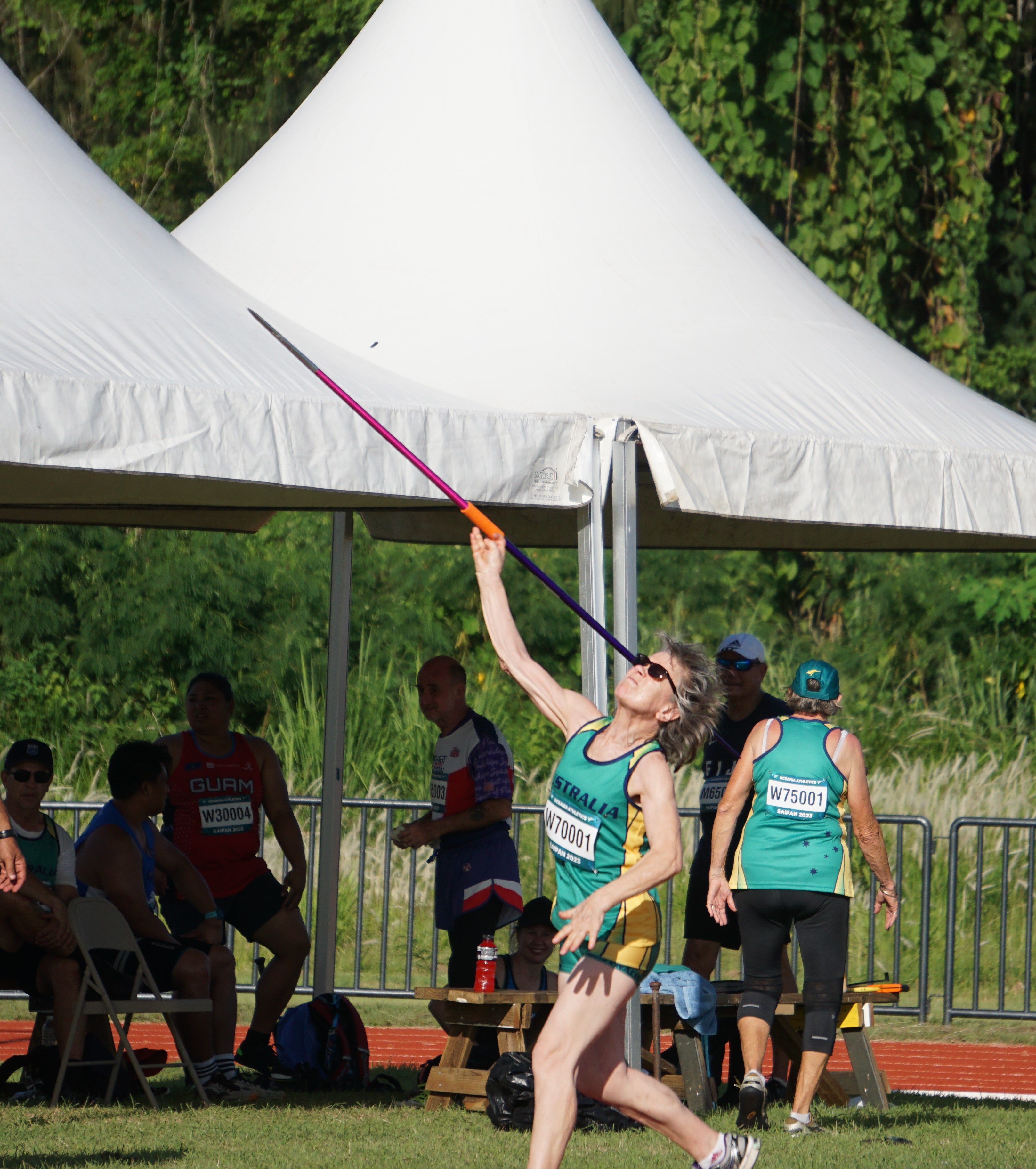 An Australian athlete takes her shot in the Women's Javelin Event of the Oceania Masters Championships Thursday at the Oleai Sports Complex Oval track and field.  