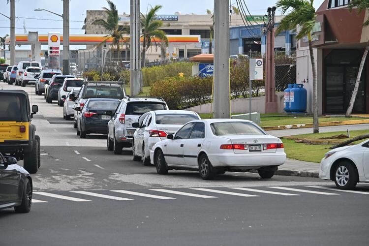 Motorists in a line that extends down to Marine Corps Drive wait for a chance to buy fuel Monday, May 29, 2023, at the Shell Guam gas station along Chalan San Antonio in Tamuning.