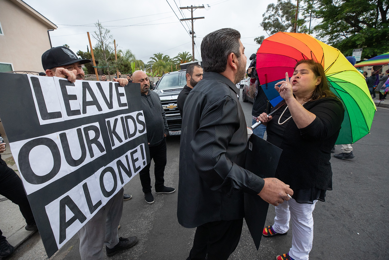 Protesters and counterprotesters face off in front of Saticoy Elementary School as parents kept their children home from school to protest the planned Gay Pride and Rainbow Day assembly on Friday, June 2, 2023. The parents said they have to right to teach or not teach their children about gay marriage and said that they are too small to be taught this material. They directed their ire at the Los Angeles Unified School District. (Myung J. Chun/Los Angeles Times/TNS)