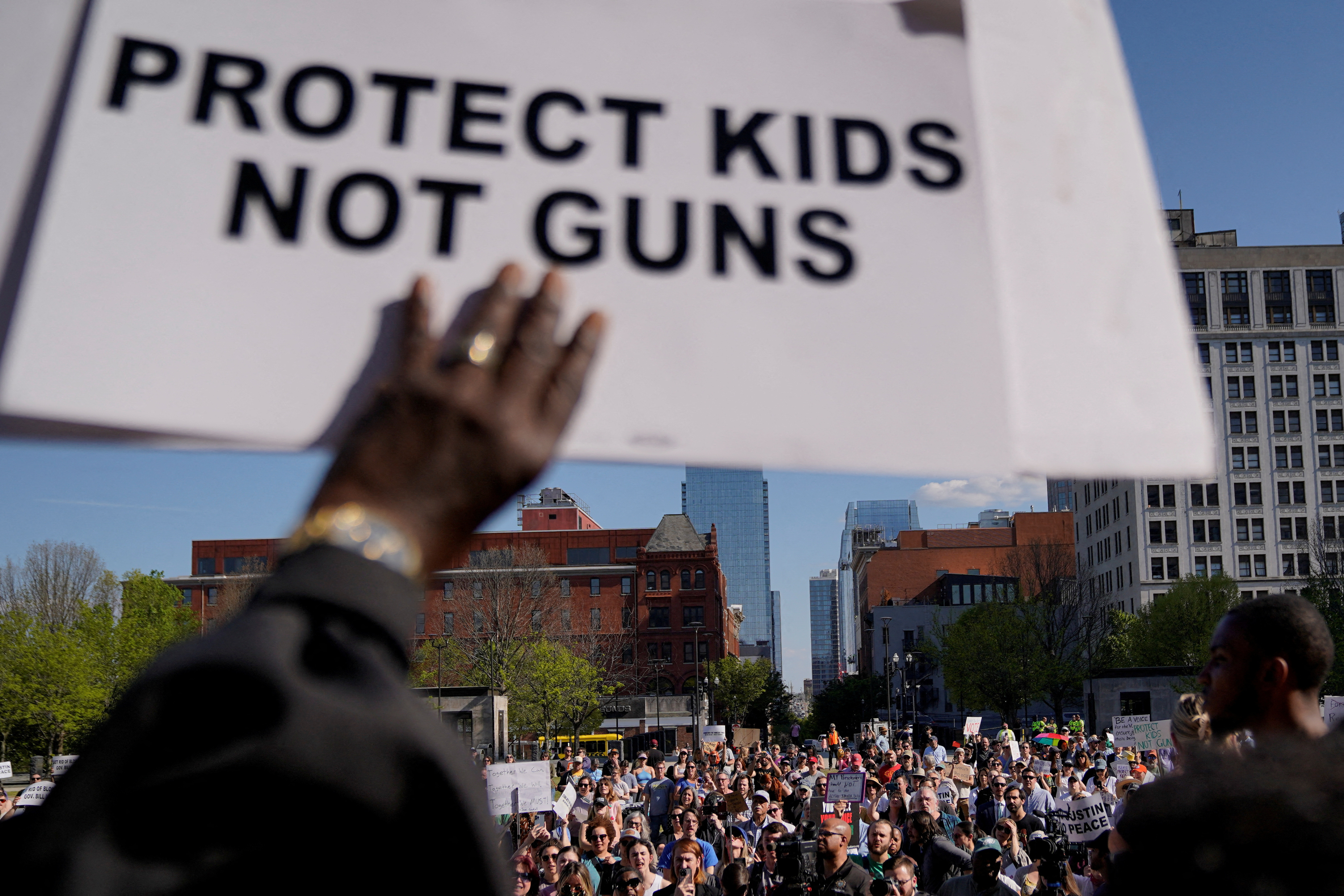 FILE PHOTO: Protesters gather after the Republican majority Tennessee House of Representatives voted to expel two Democratic members for their roles in a gun control demonstration on the statehouse floor, outside the Historic Metro Courthouse in Nashville, Tennessee, U.S., April 10, 2023. REUTERS/Cheney Orr
