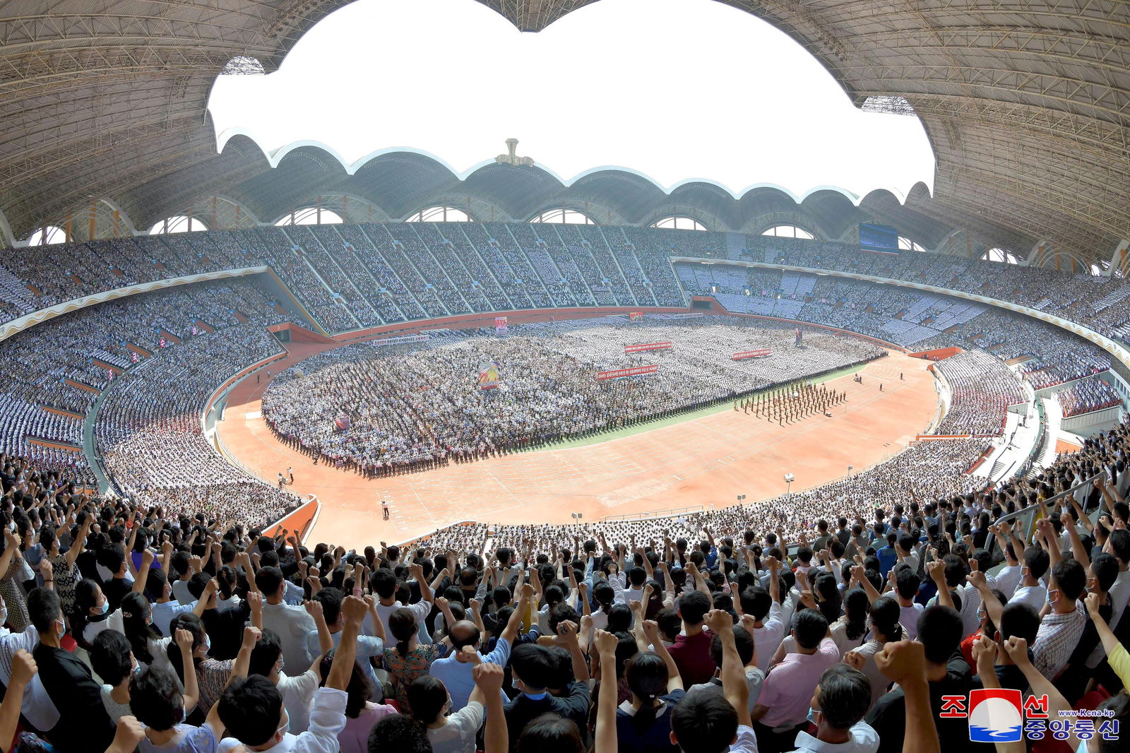 People attend a mass rally denouncing the U.S. in Pyongyang, North Korea, June 25, 2023 in this photo released by North Korea's Korean Central News Agency (KCNA). KCNA via REUTERS